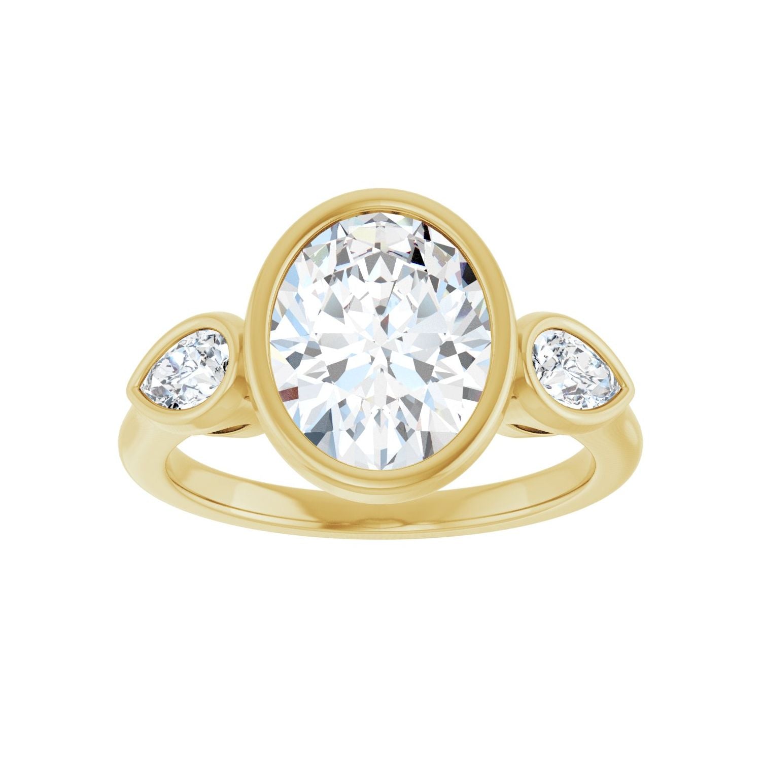 Oval Bezel-Set Three-Stone Engagement Ring | Metal Type=14K Yellow Gold | Center Stone Size=2.5 CT | Image 3