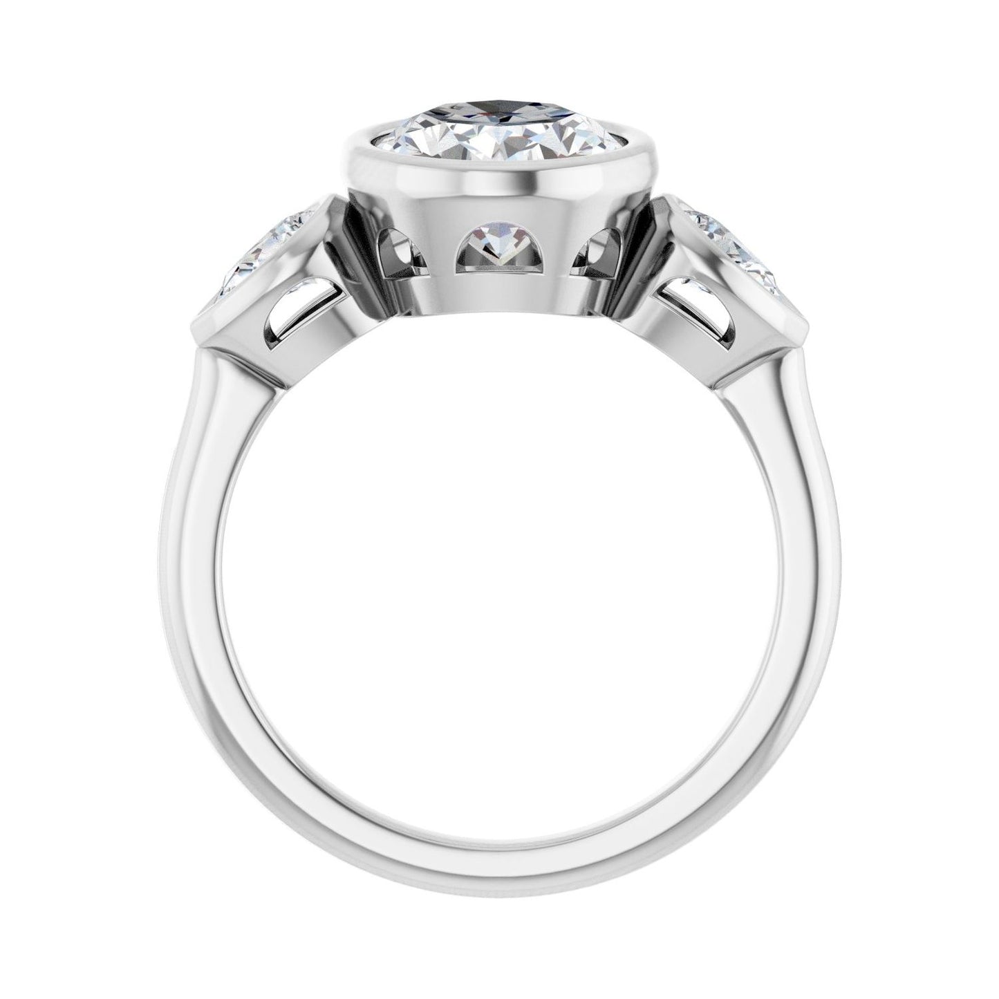 Oval Bezel-Set Three-Stone Engagement Ring | Metal Type=14K White Gold | Center Stone Size=2.5 CT | Image 2