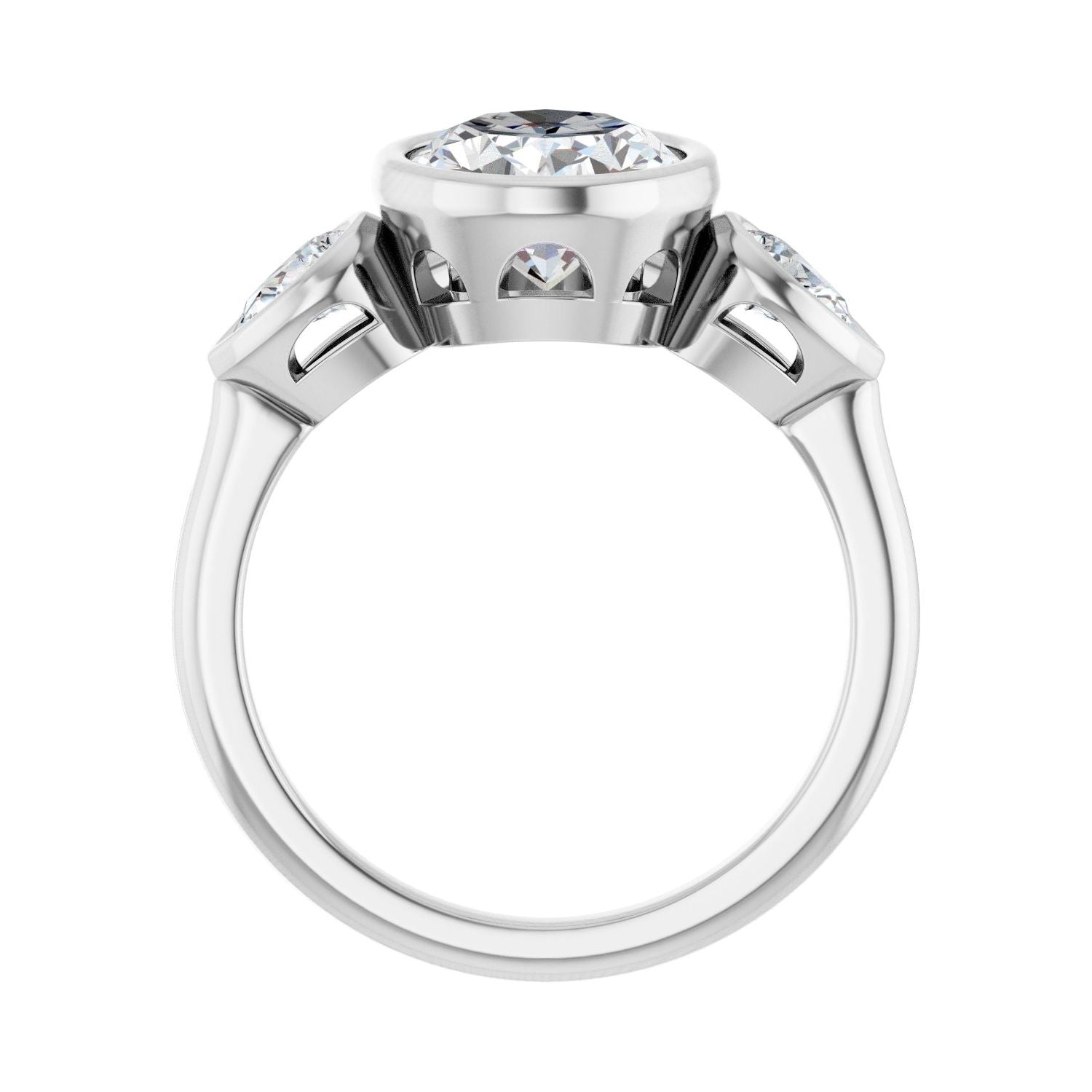 Oval Bezel-Set Three-Stone Engagement Ring | Metal Type=14K White Gold | Center Stone Size=2.5 CT | Image 2