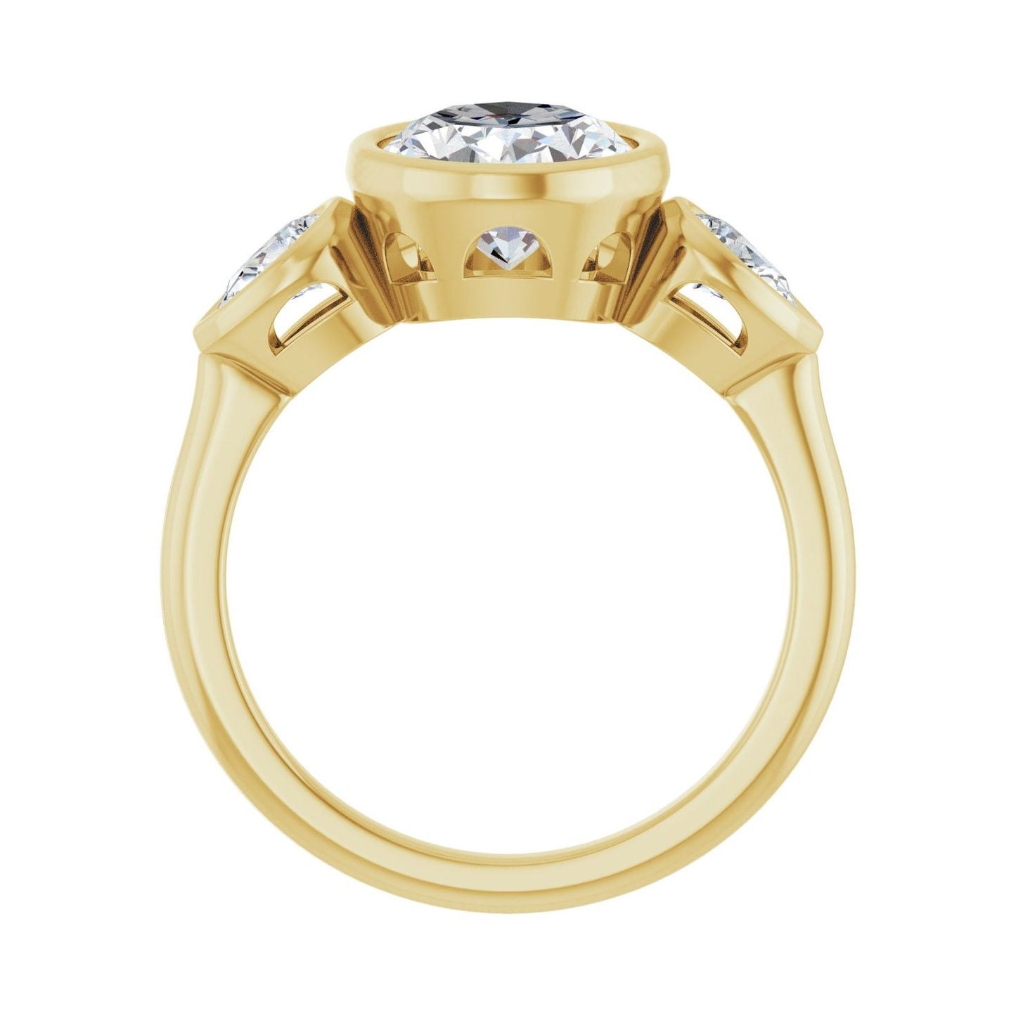 Oval Bezel-Set Three-Stone Engagement Ring | Metal Type=14K Yellow Gold | Center Stone Size=2.5 CT | Image 2
