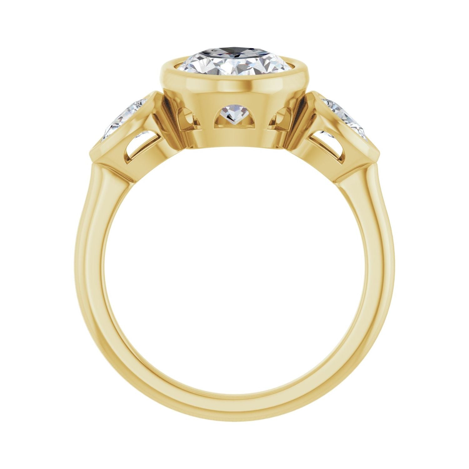 Oval Bezel-Set Three-Stone Engagement Ring | Metal Type=14K Yellow Gold | Center Stone Size=2.5 CT | Image 2