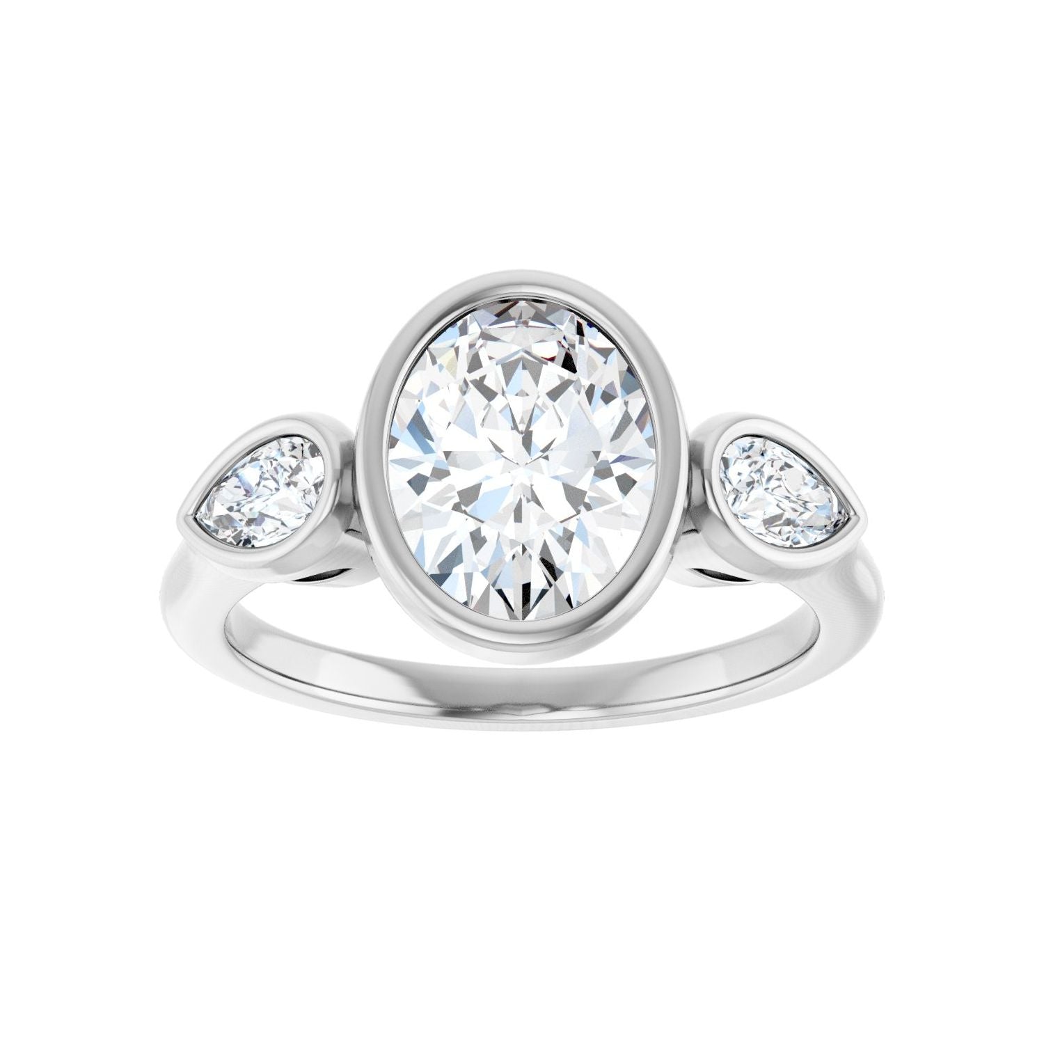 Oval Bezel-Set Three-Stone Engagement Ring | Metal Type=14K White Gold | Center Stone Size=2 CT | Image 3