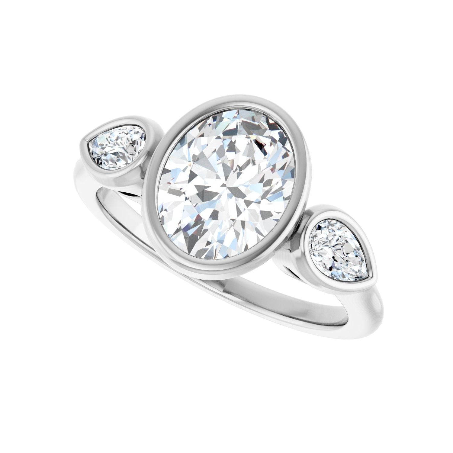 Oval Bezel-Set Three-Stone Engagement Ring | Metal Type=14K White Gold | Center Stone Size=2 CT | Image 5