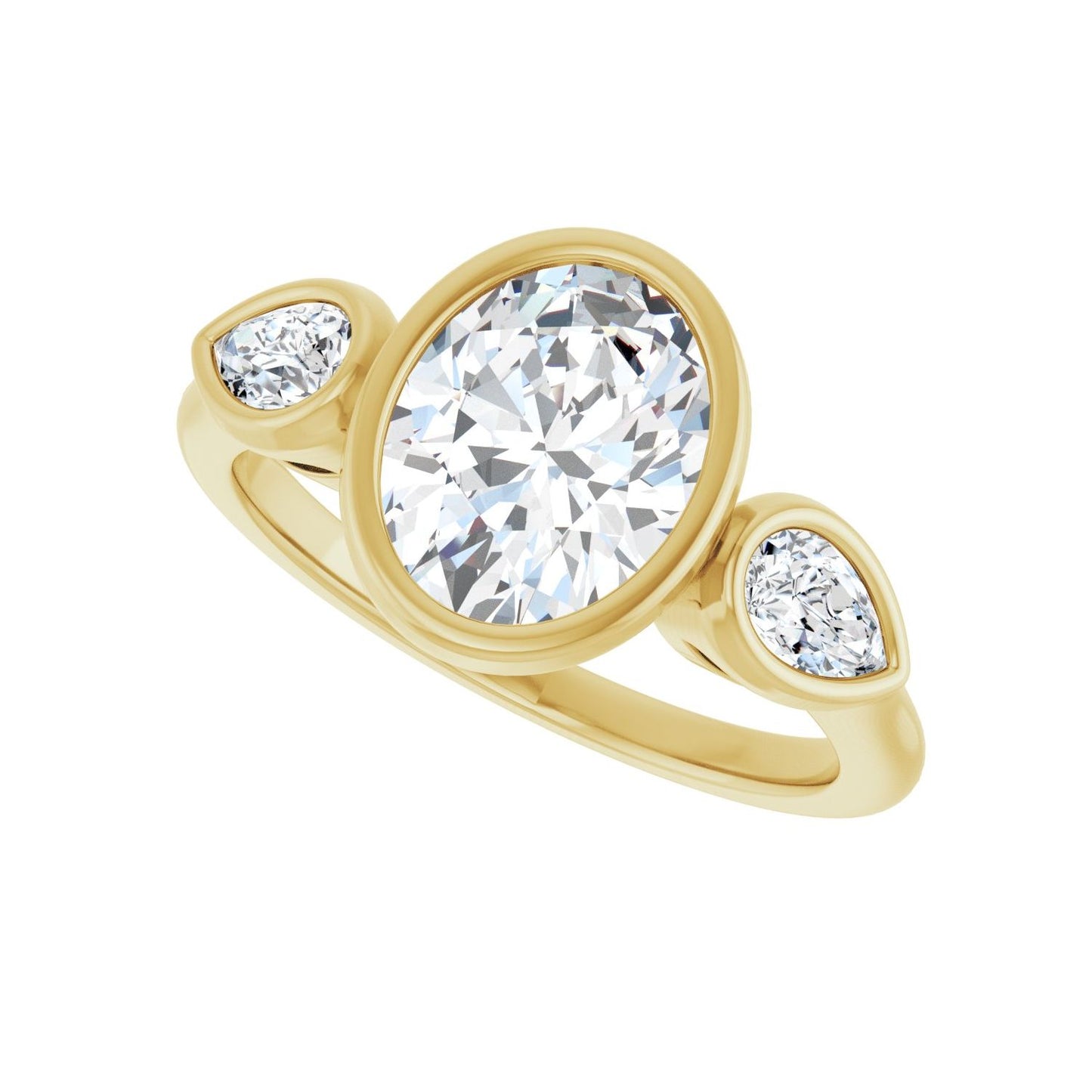 Oval Bezel-Set Three-Stone Engagement Ring | Metal Type=14K Yellow Gold | Center Stone Size=2 CT | Image 5