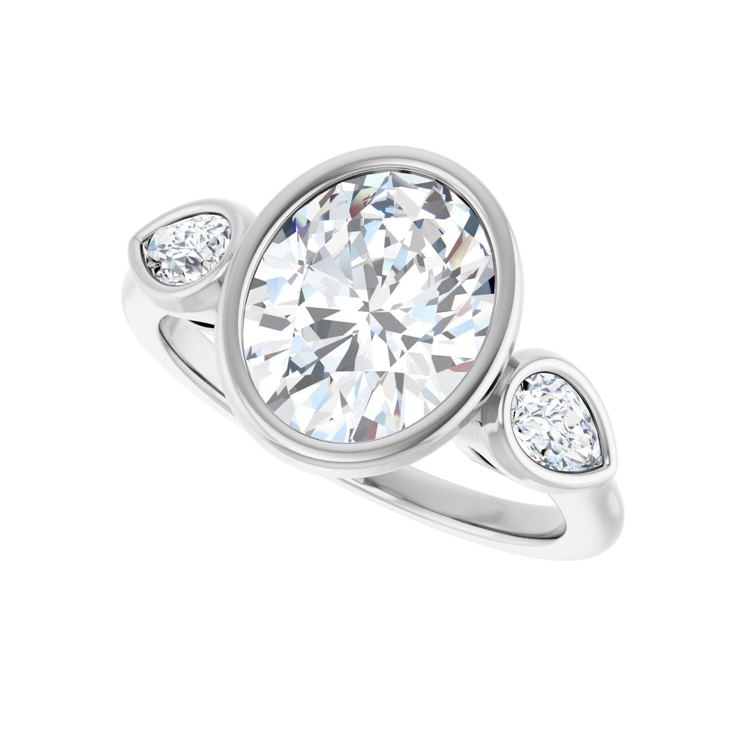 Oval Bezel-Set Three-Stone Engagement Ring | Metal Type=14K White Gold | Center Stone Size=2.5 CT | Image 5
