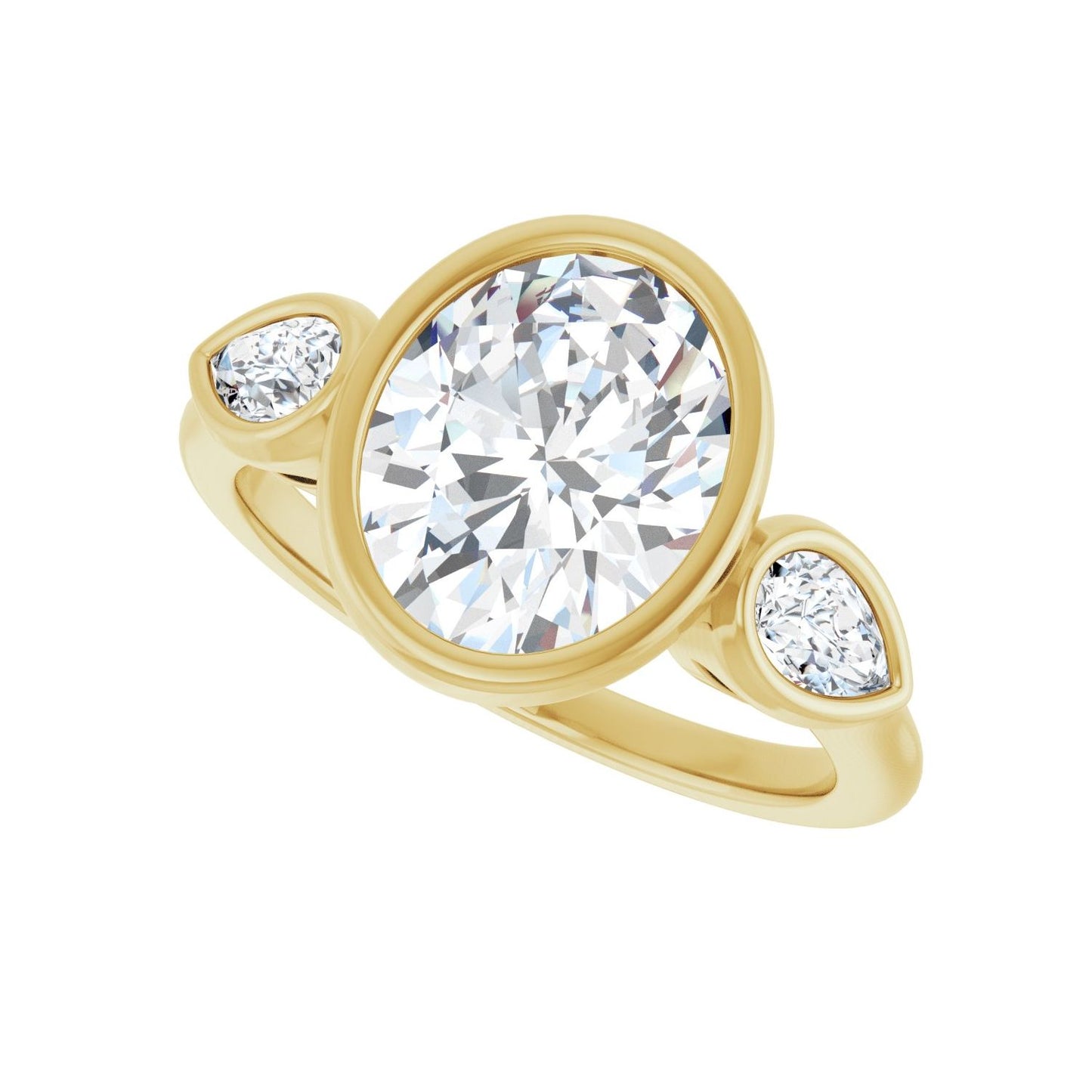 Oval Bezel-Set Three-Stone Engagement Ring | Metal Type=14K Yellow Gold | Center Stone Size=2.5 CT | Image 5