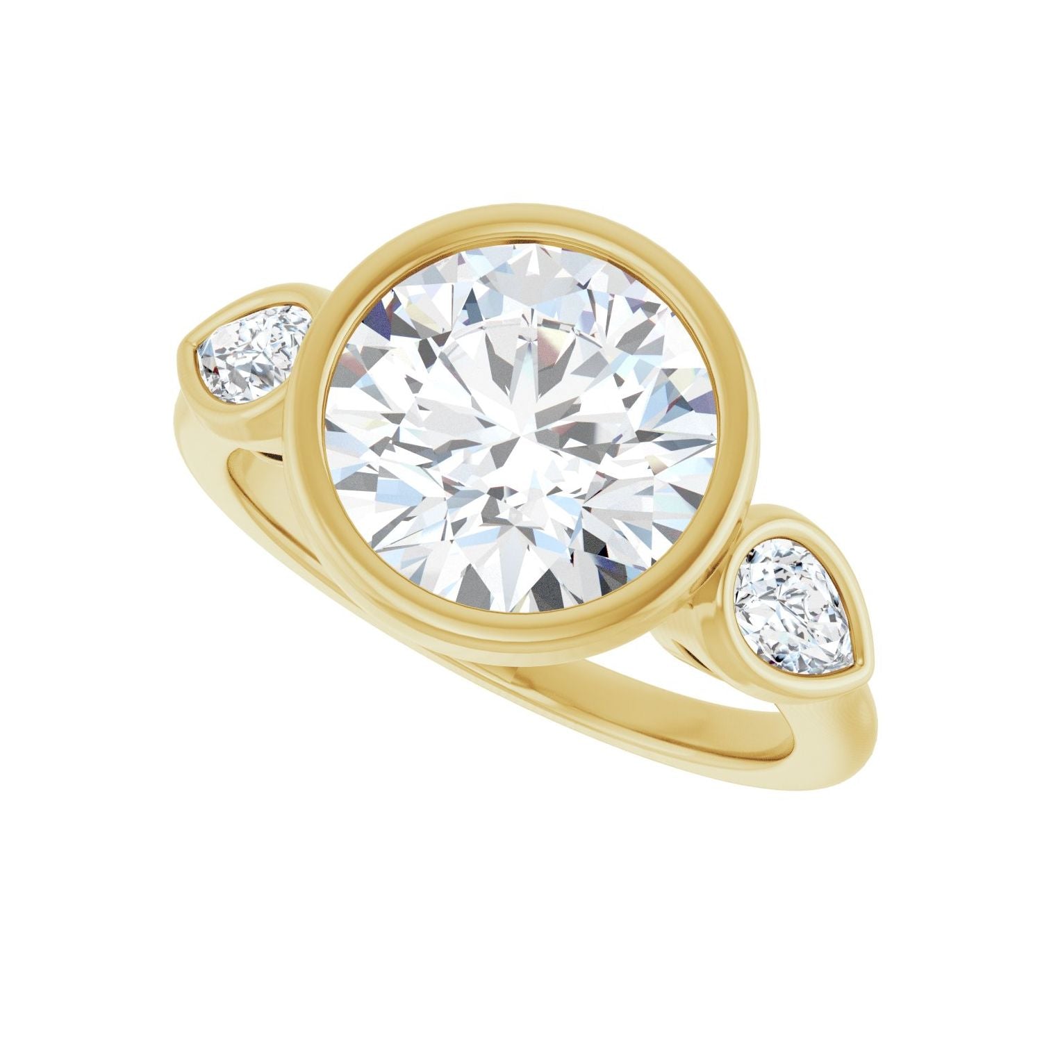 Round Bezel-Set Three-Stone Engagement Ring | Metal Type=14K Yellow Gold | Center Stone Size=3 CT | Image 5