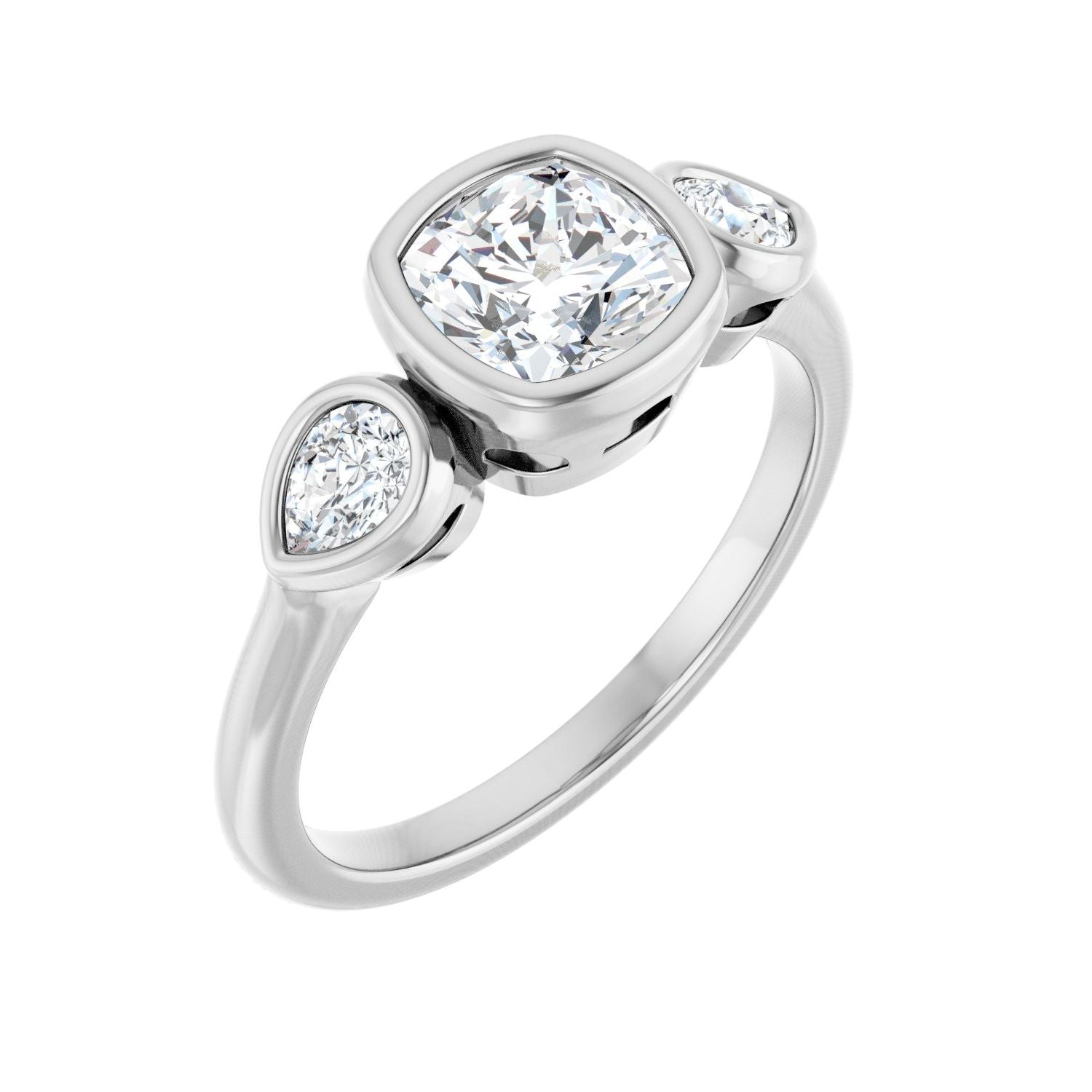 Cushion Bezel-Set Three-Stone Engagement Ring | Metal Type=14K White Gold | Center Stone Size=1 CT | Image 1