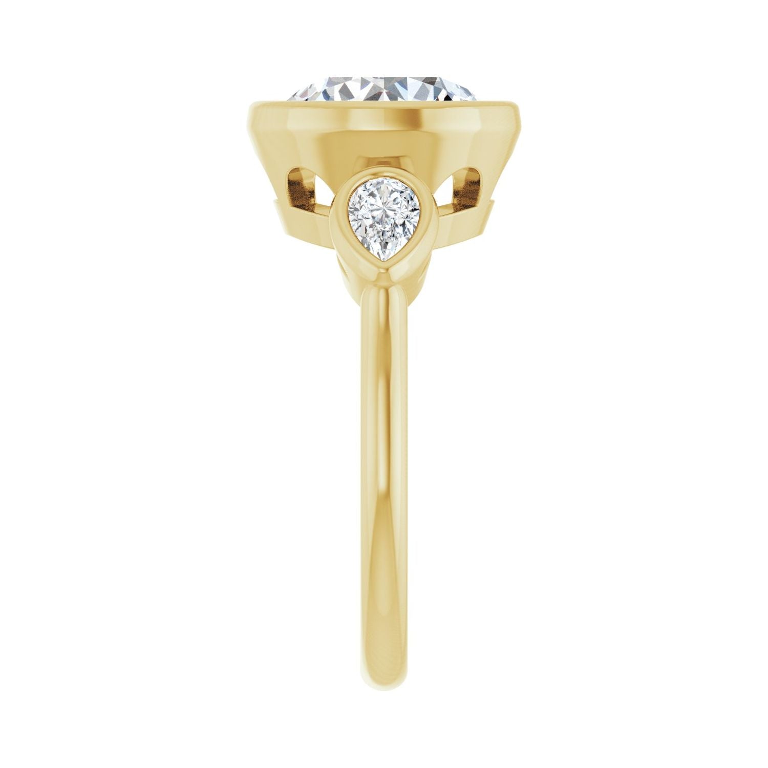 Round Bezel-Set Three-Stone Engagement Ring | Metal Type=14K Yellow Gold | Center Stone Size=3 CT | Image 4