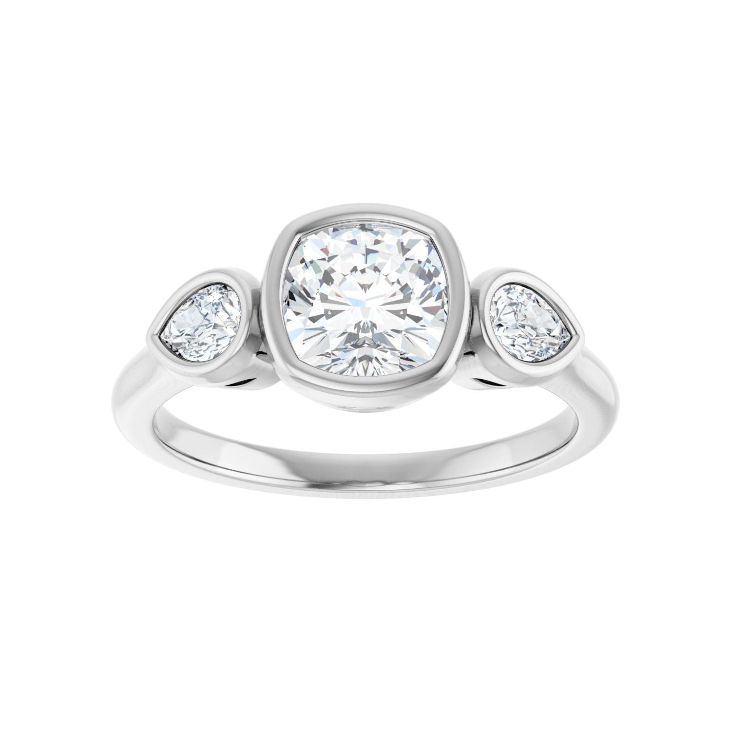 Cushion Bezel-Set Three-Stone Engagement Ring | Metal Type=14K White Gold | Center Stone Size=1 CT | Image 3