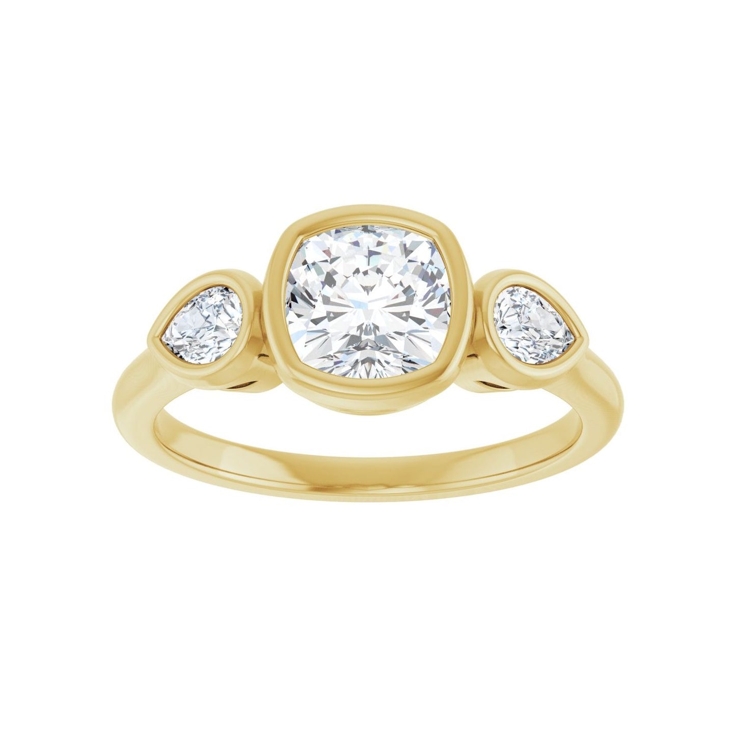 Cushion Bezel-Set Three-Stone Engagement Ring | Metal Type=14K Yellow Gold | Center Stone Size=1 CT | Image 3