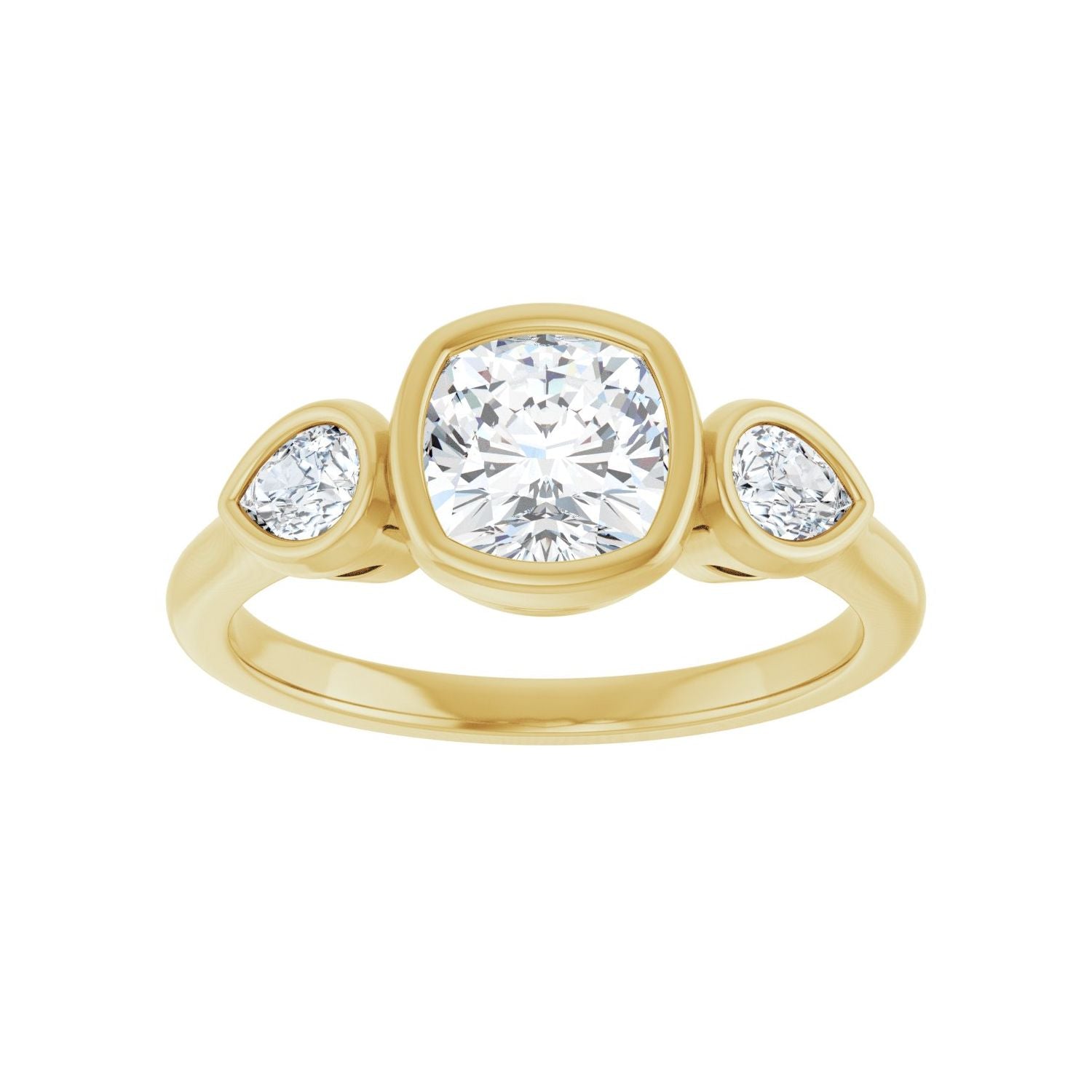 Cushion Bezel-Set Three-Stone Engagement Ring | Metal Type=14K Yellow Gold | Center Stone Size=1 CT | Image 3