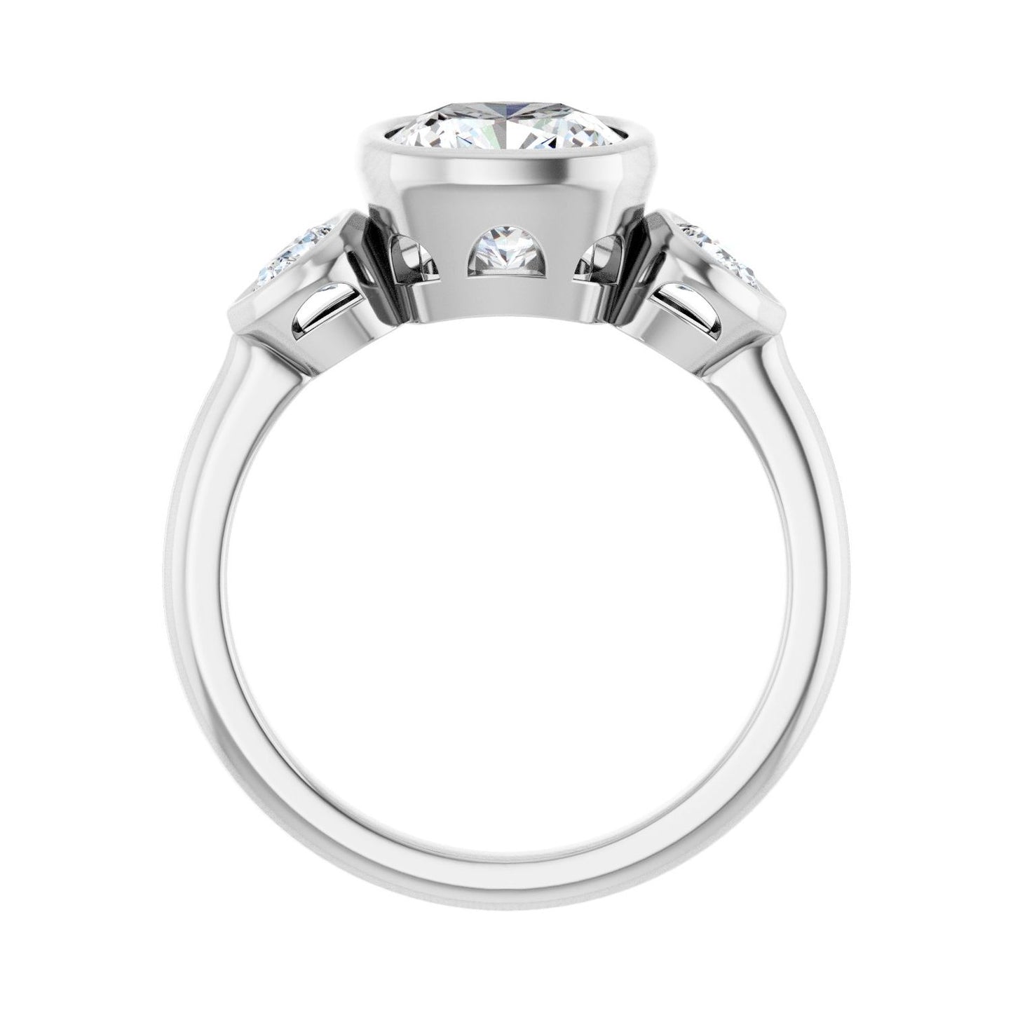 Cushion Bezel-Set Three-Stone Engagement Ring | Metal Type=14K White Gold | Center Stone Size=2.5 CT | Image 2