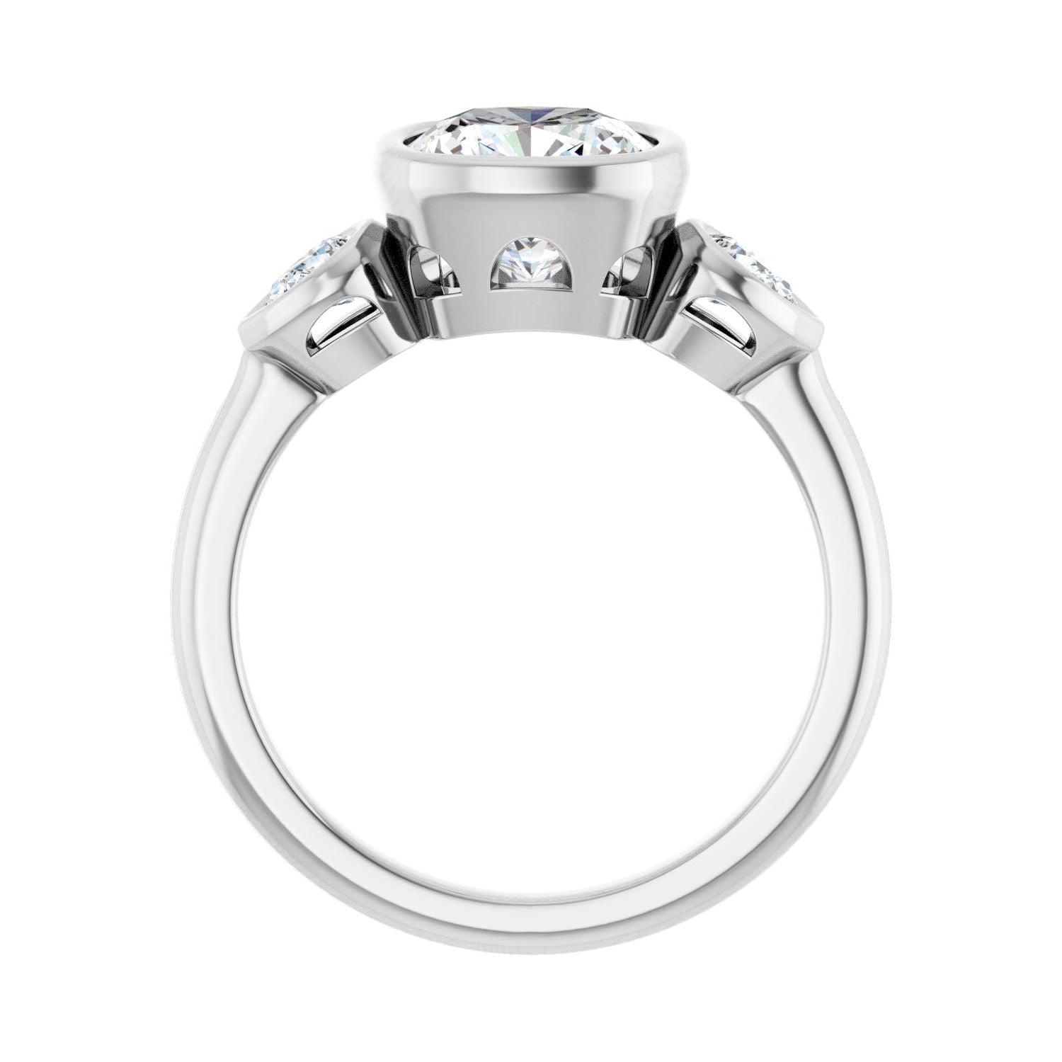 Cushion Bezel-Set Three-Stone Engagement Ring | Metal Type=14K White Gold | Center Stone Size=2.5 CT | Image 2