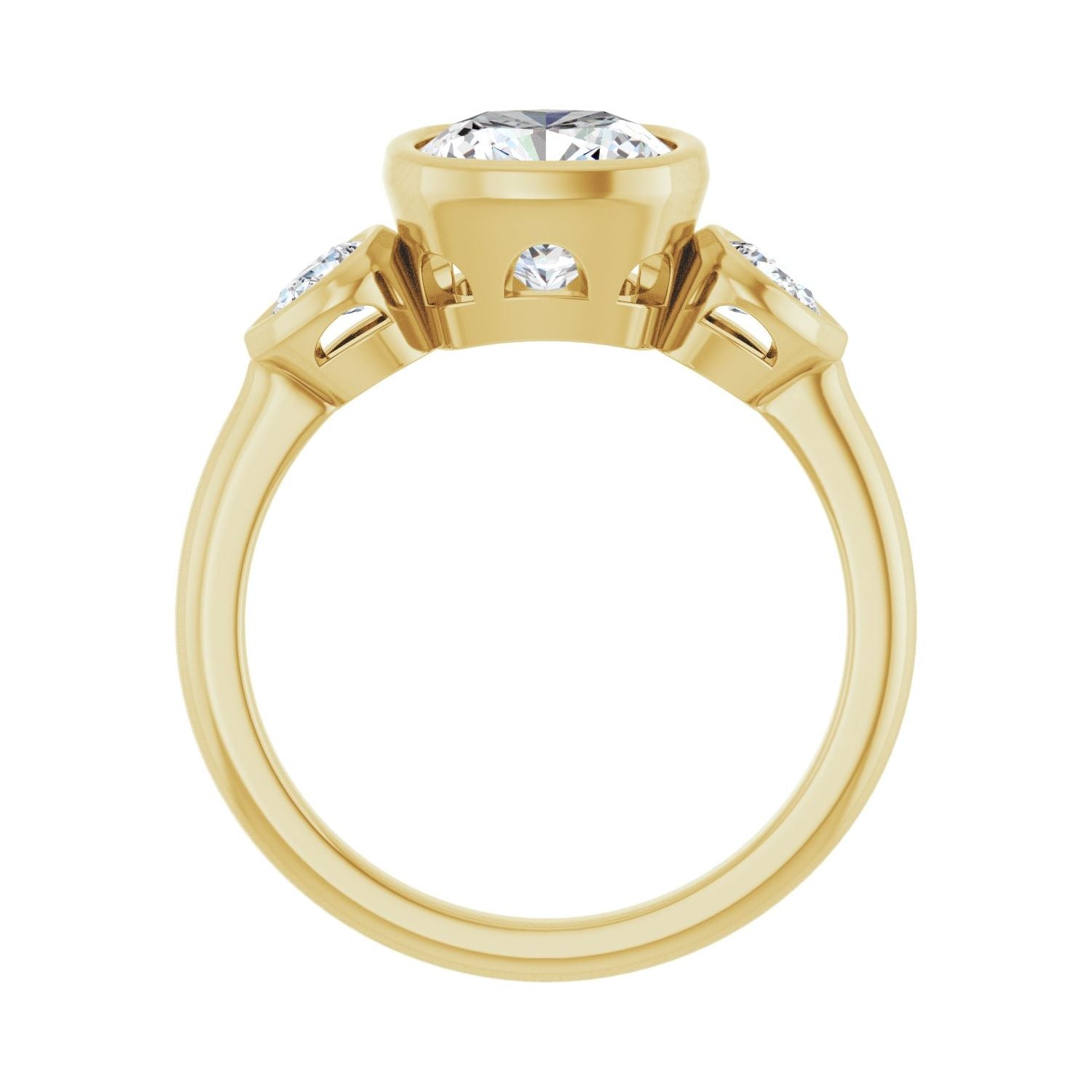 Cushion Bezel-Set Three-Stone Engagement Ring | Metal Type=14K Yellow Gold | Center Stone Size=2.5 CT | Image 2