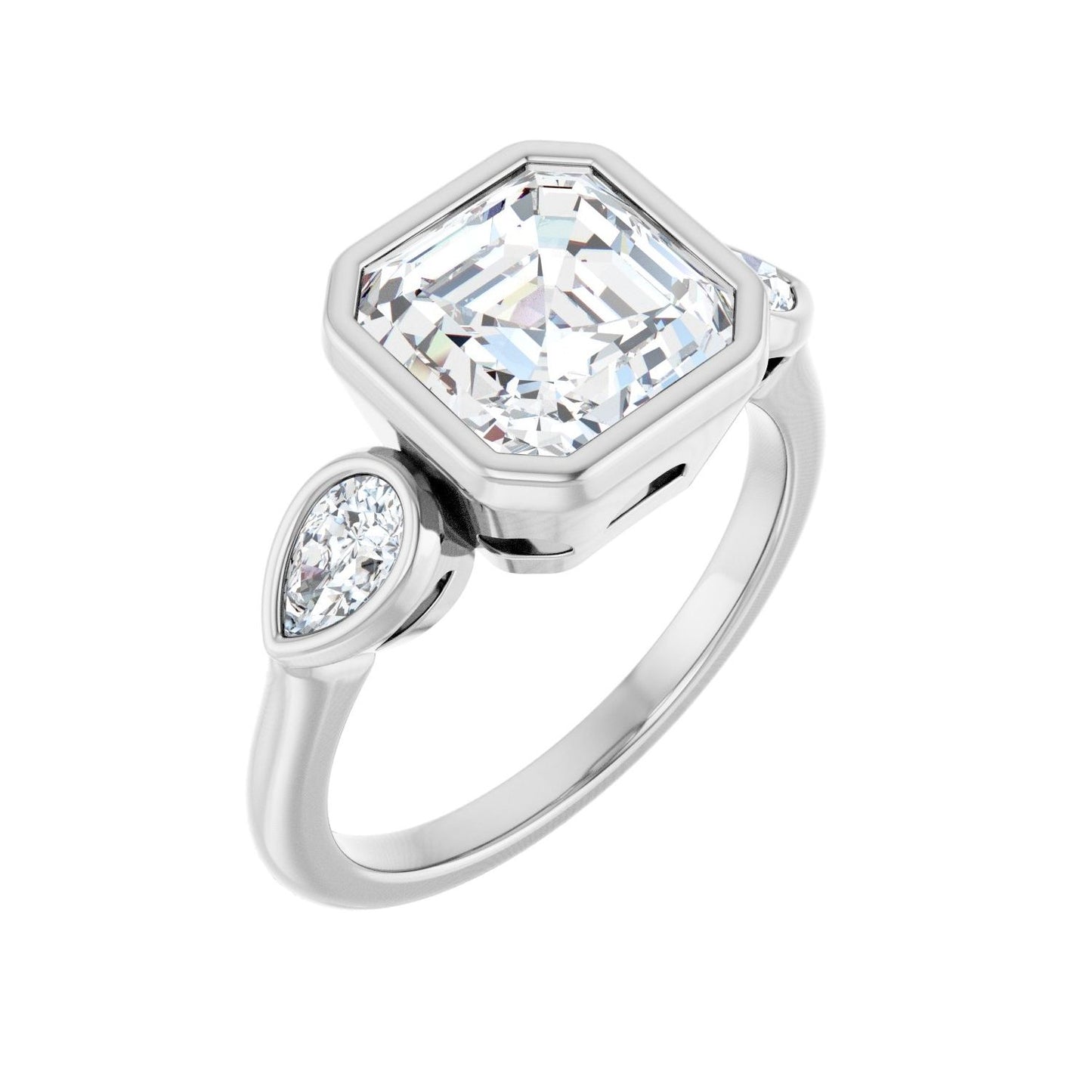 Asscher Bezel-Set Three-Stone Engagement Ring | Metal Type=14K White Gold | Center Stone Size=3 CT | Image 1
