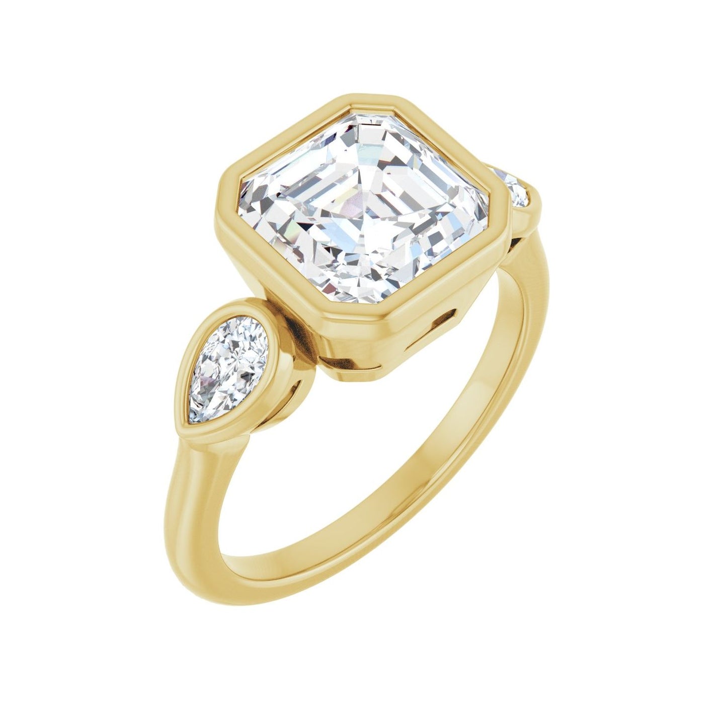 Asscher Bezel-Set Three-Stone Engagement Ring | Metal Type=14K Yellow Gold | Center Stone Size=3 CT | Image 1
