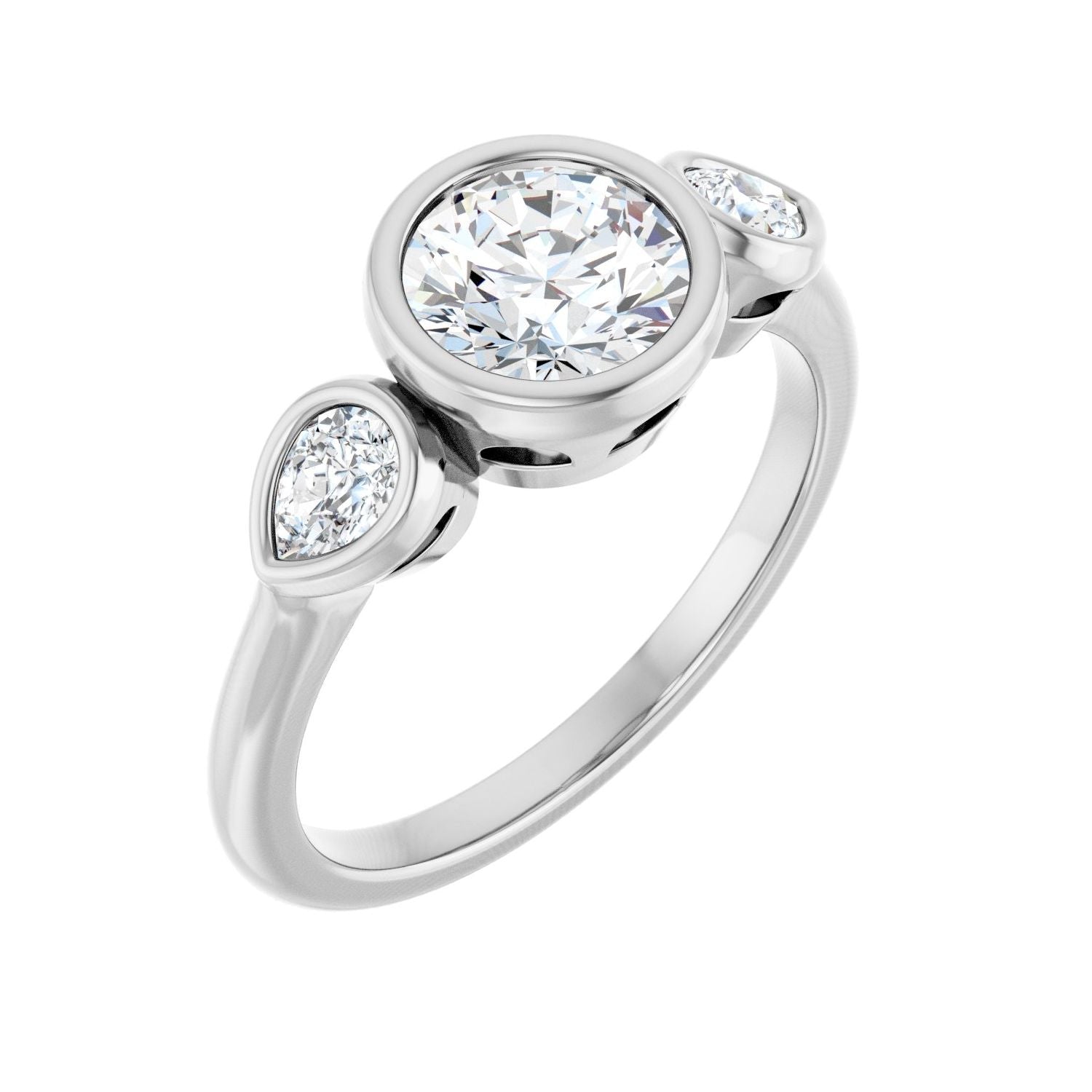 Round Bezel-Set Three-Stone Engagement Ring | Metal Type=14K White Gold | Center Stone Size=1 CT | Image 1