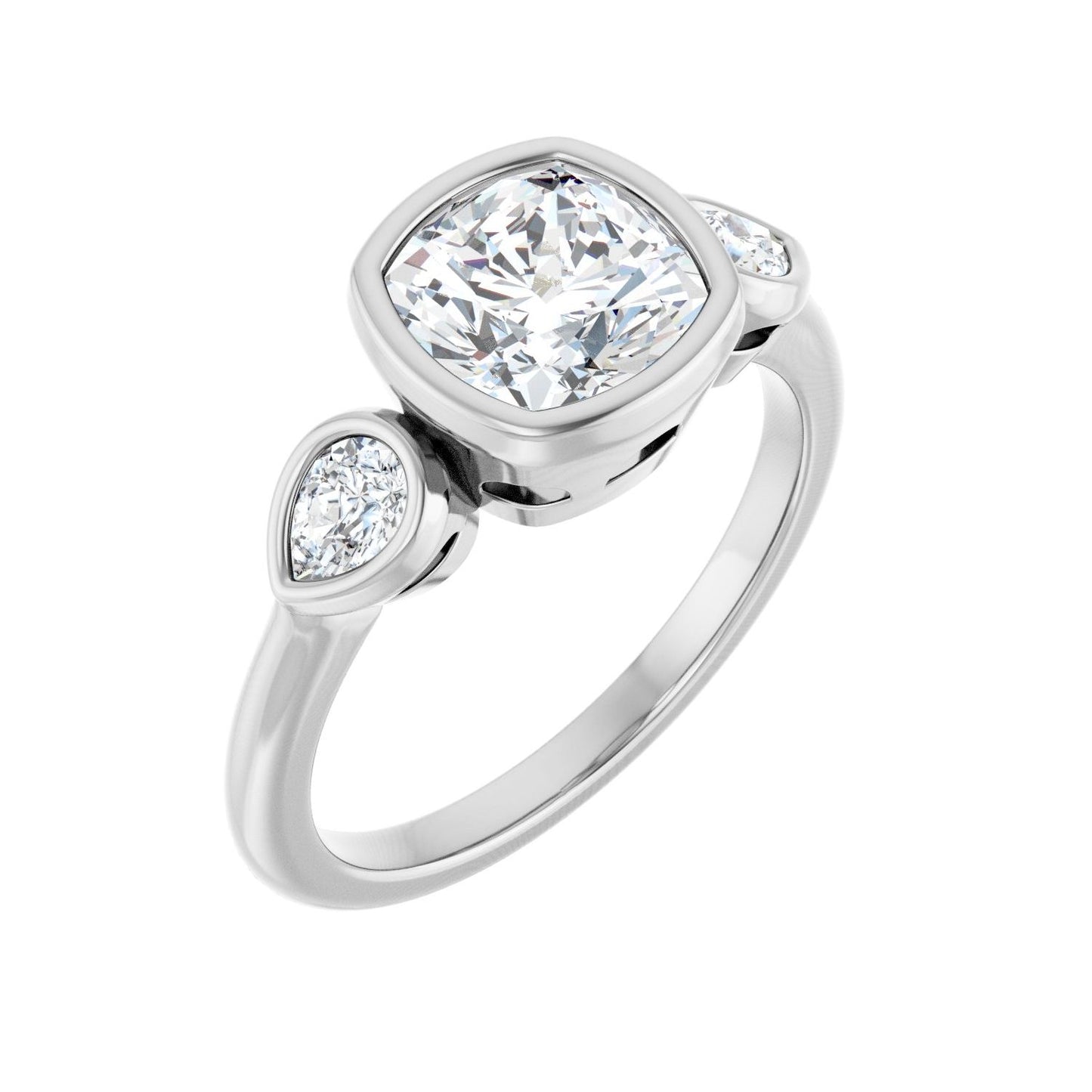 Cushion Bezel-Set Three-Stone Engagement Ring | Metal Type=14K White Gold | Center Stone Size=2 CT | Image 1