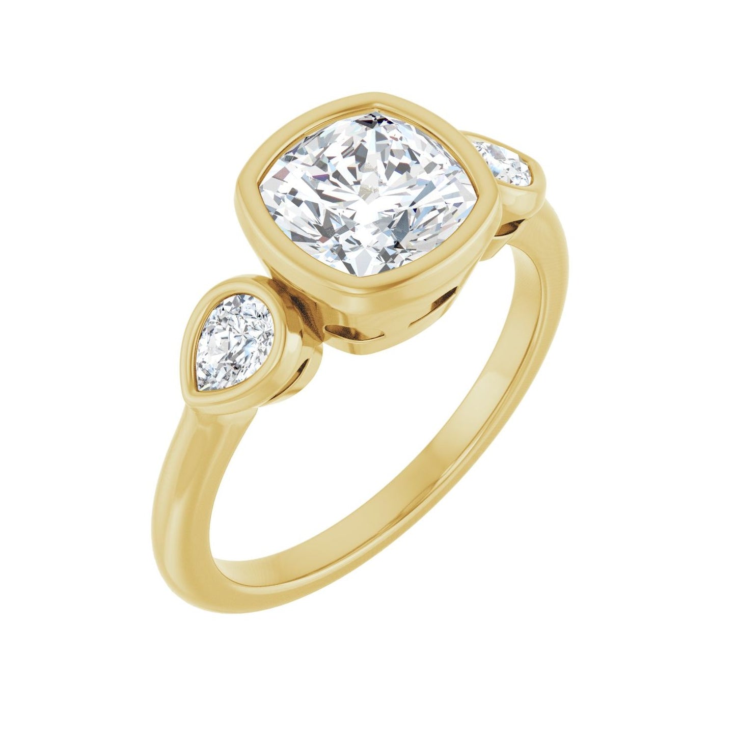 Cushion Bezel-Set Three-Stone Engagement Ring | Metal Type=14K Yellow Gold | Center Stone Size=2 CT | Image 1