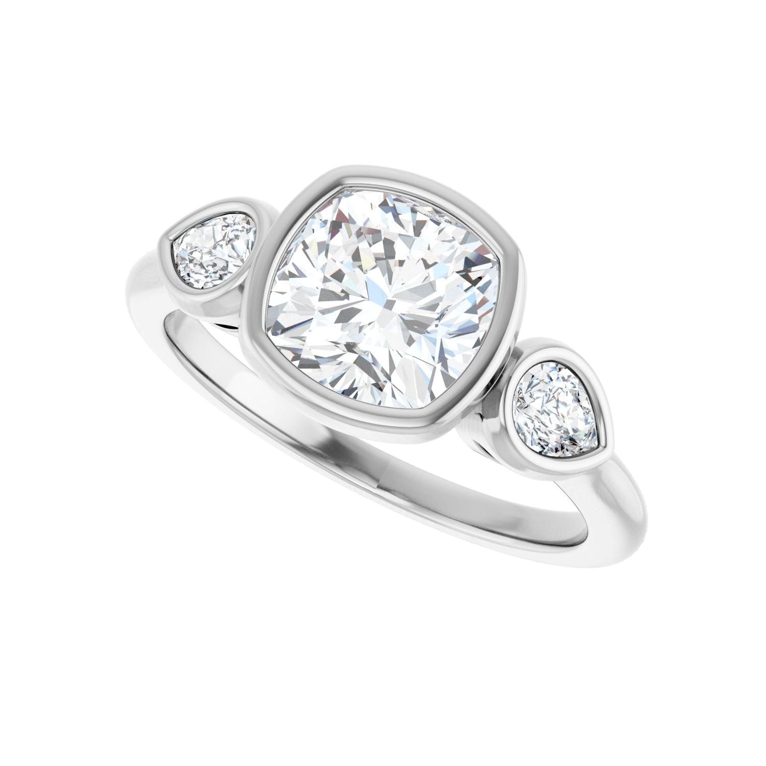 Cushion Bezel-Set Three-Stone Engagement Ring | Metal Type=14K White Gold | Center Stone Size=2 CT | Image 5