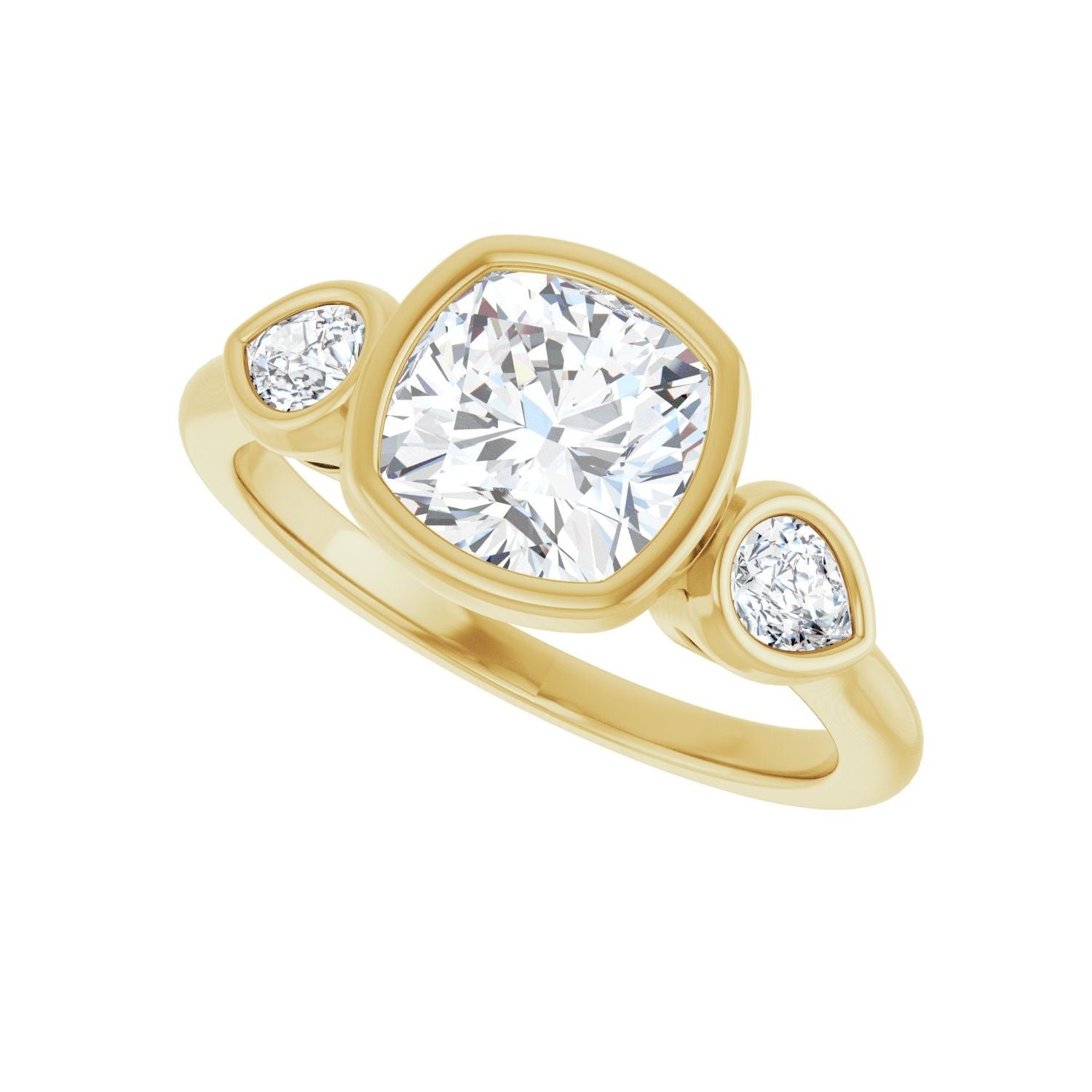 Cushion Bezel-Set Three-Stone Engagement Ring | Metal Type=14K Yellow Gold | Center Stone Size=2 CT | Image 5