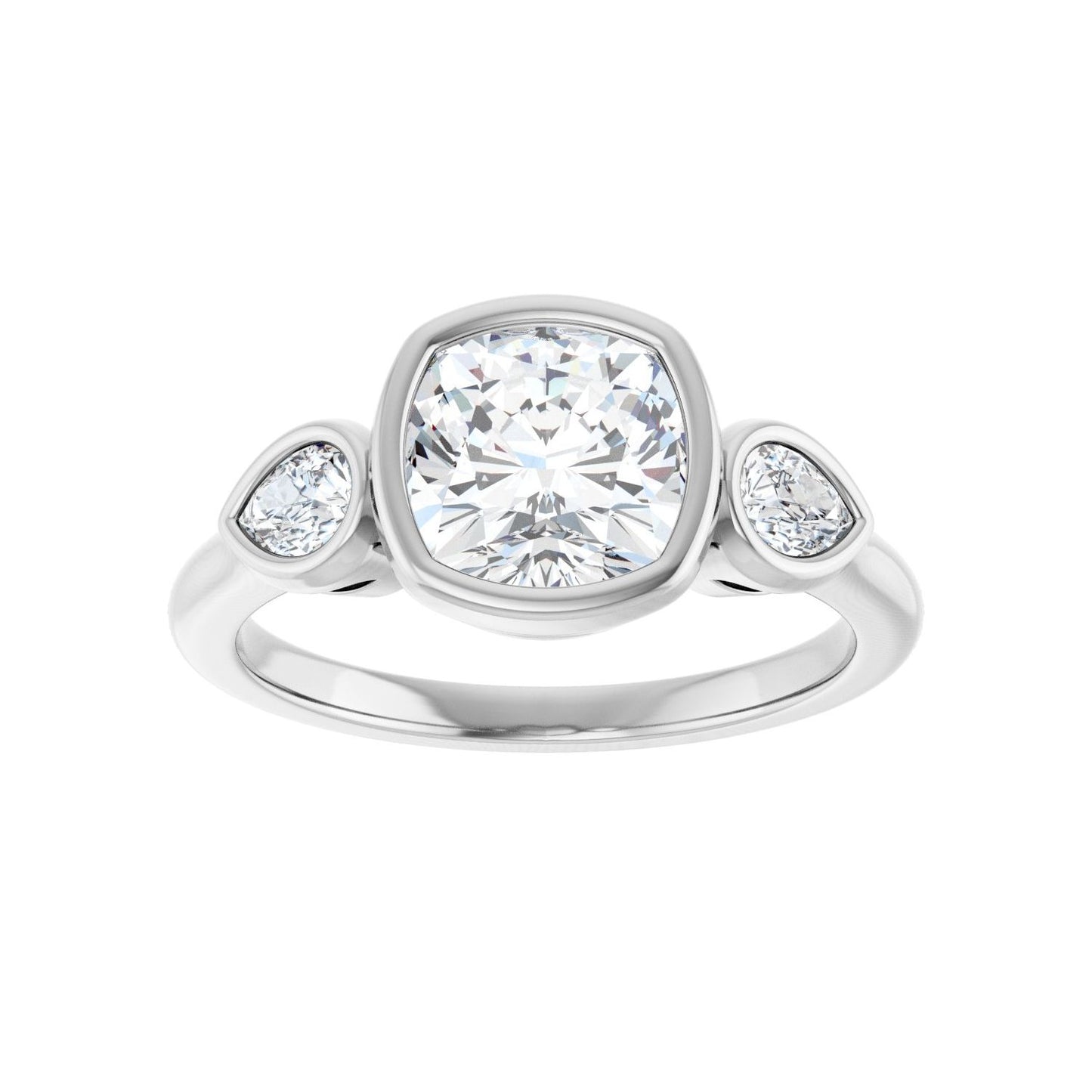 Cushion Bezel-Set Three-Stone Engagement Ring | Metal Type=14K White Gold | Center Stone Size=2 CT | Image 3