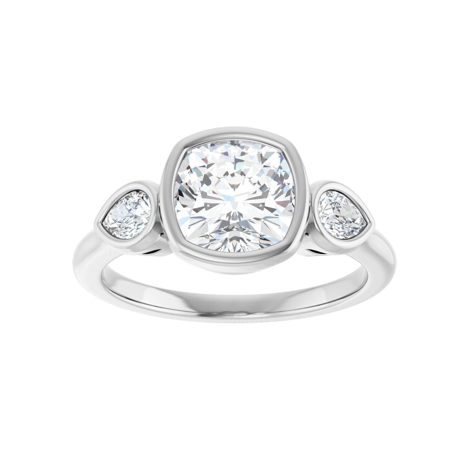 Cushion Bezel-Set Three-Stone Engagement Ring | Metal Type=14K White Gold | Center Stone Size=2 CT | Image 3