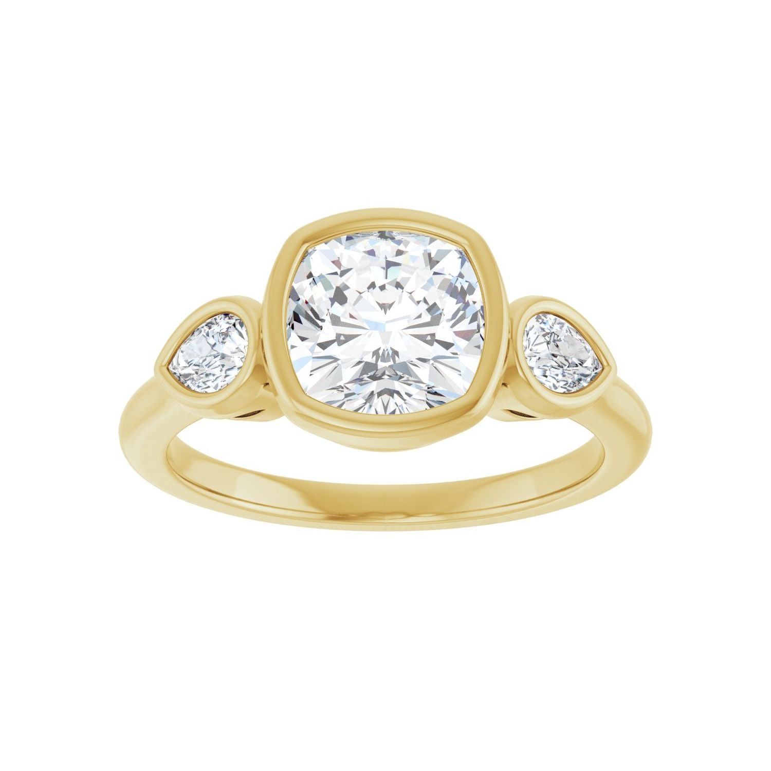 Cushion Bezel-Set Three-Stone Engagement Ring | Metal Type=14K Yellow Gold | Center Stone Size=2 CT | Image 3