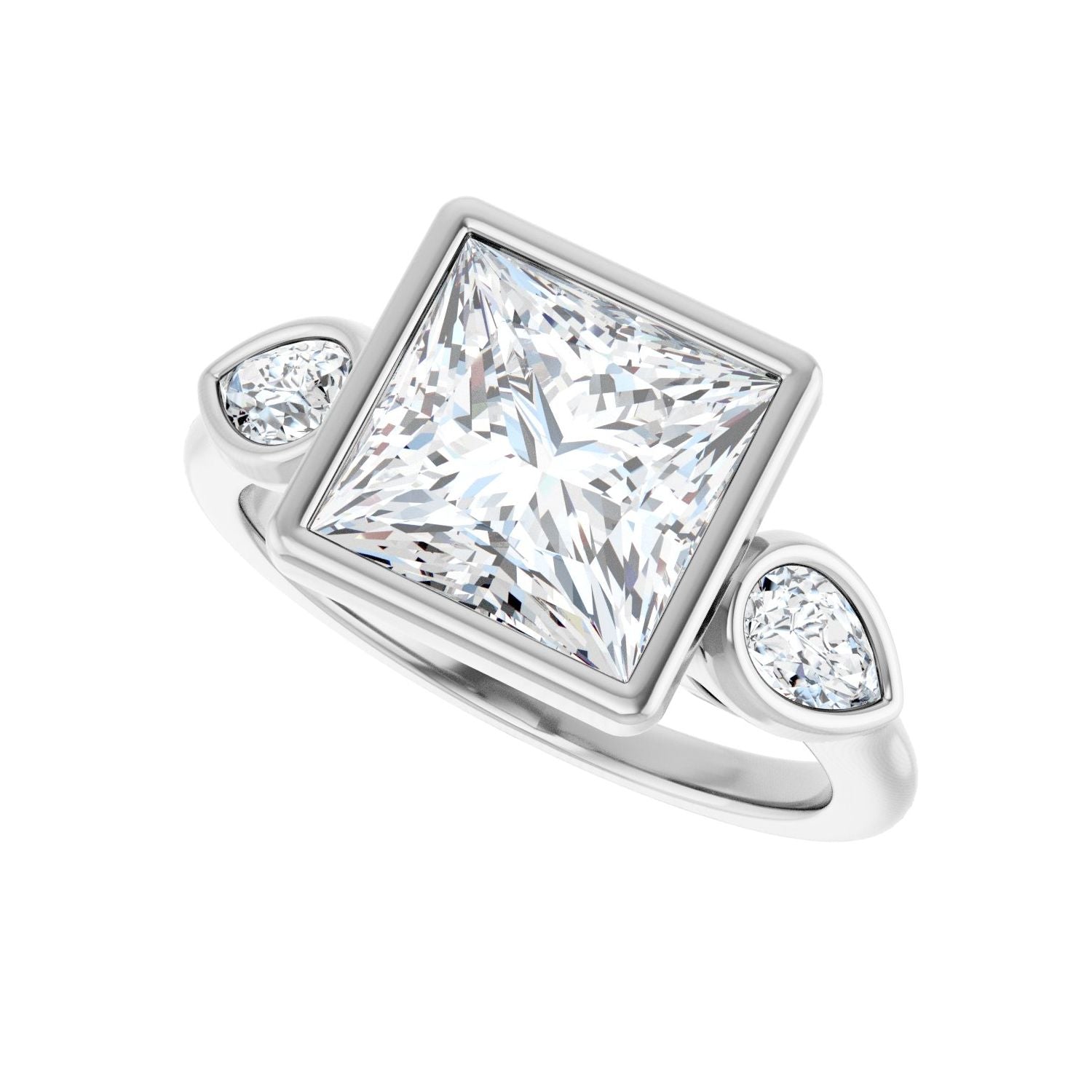 Square Bezel-Set Three-Stone Engagement Ring | Metal Type=14K White Gold | Center Stone Size=3 CT | Image 5