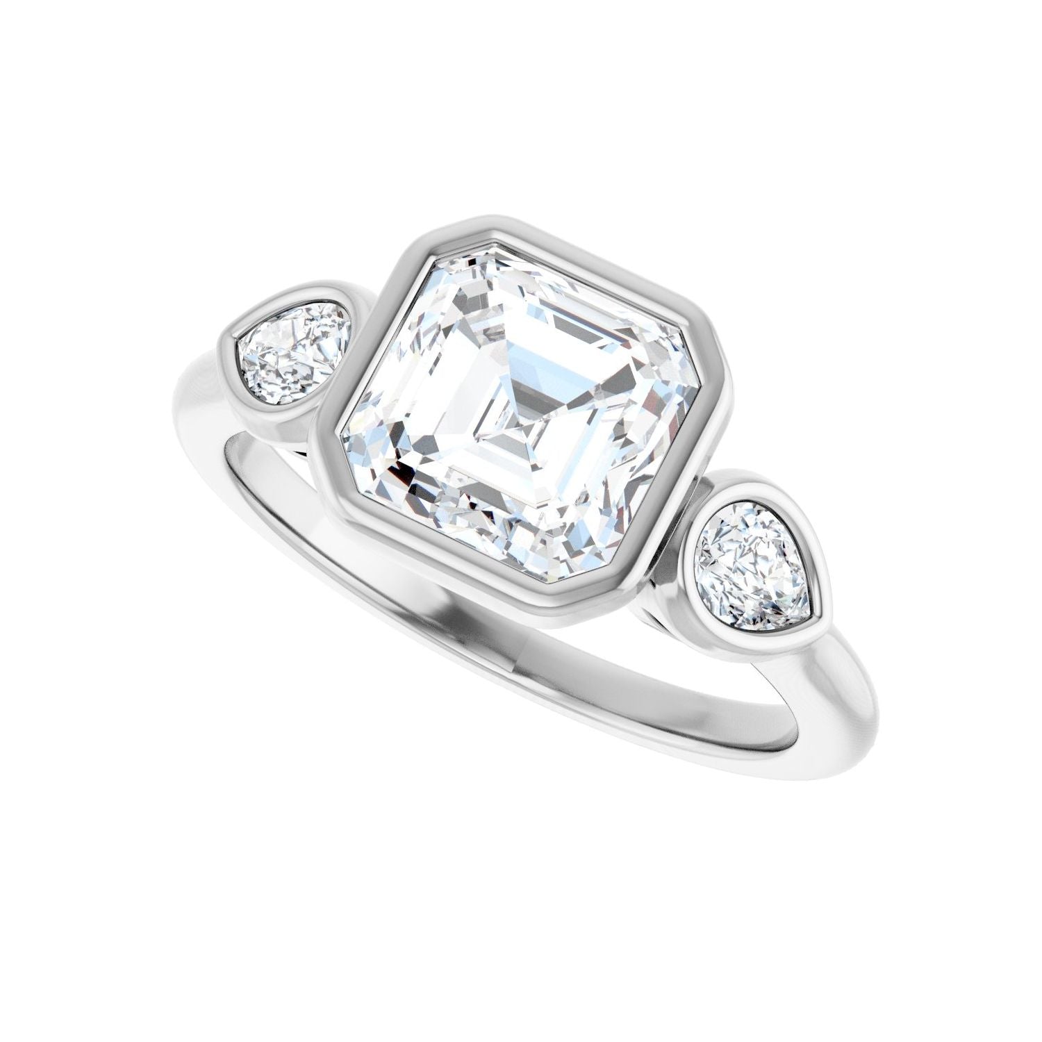 Asscher Bezel-Set Three-Stone Engagement Ring | Metal Type=14K White Gold | Center Stone Size=2 CT | Image 5