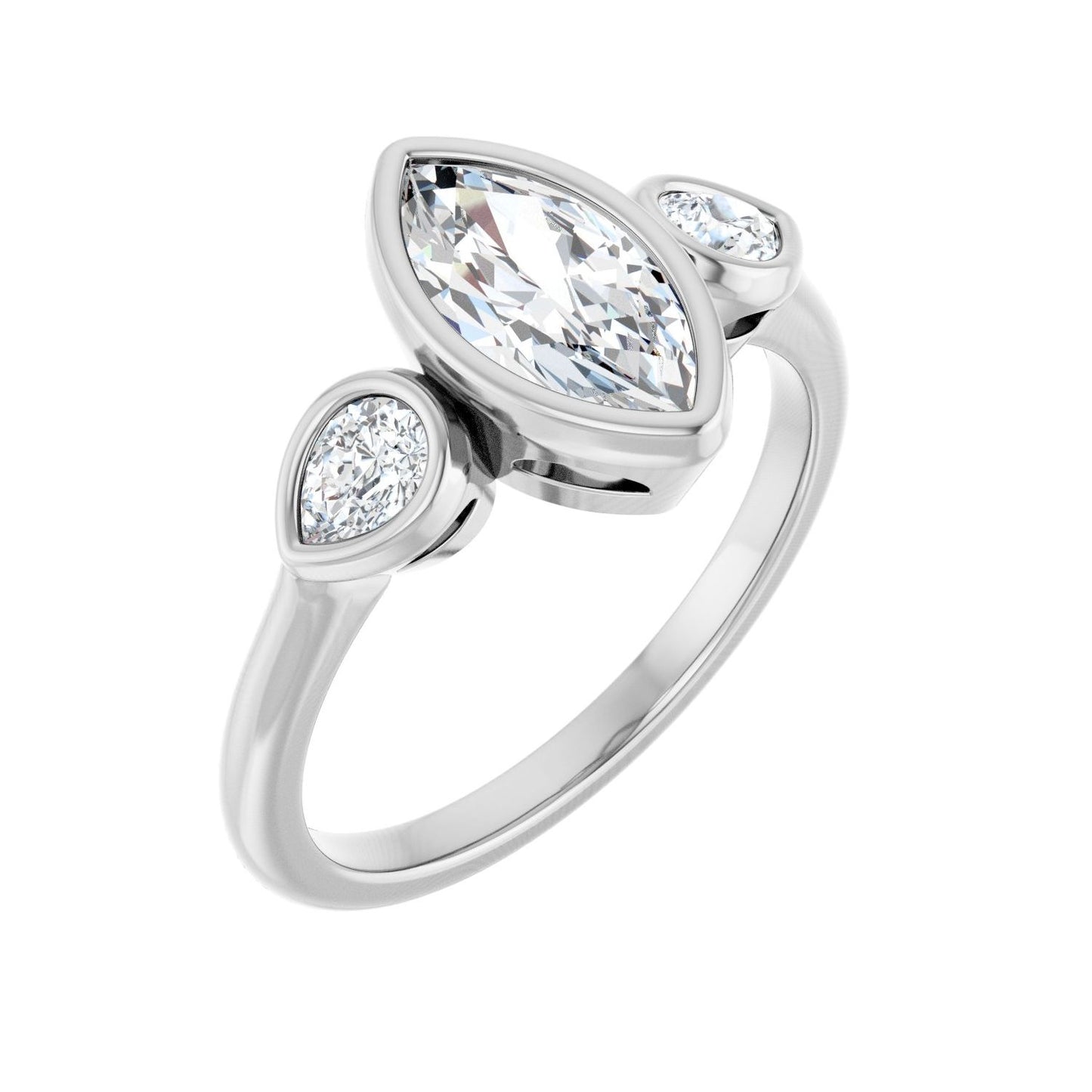 Marquise Bezel-Set Three-Stone Engagement Ring | Metal Type=14K White Gold | Center Stone Size=1 CT | Image 1