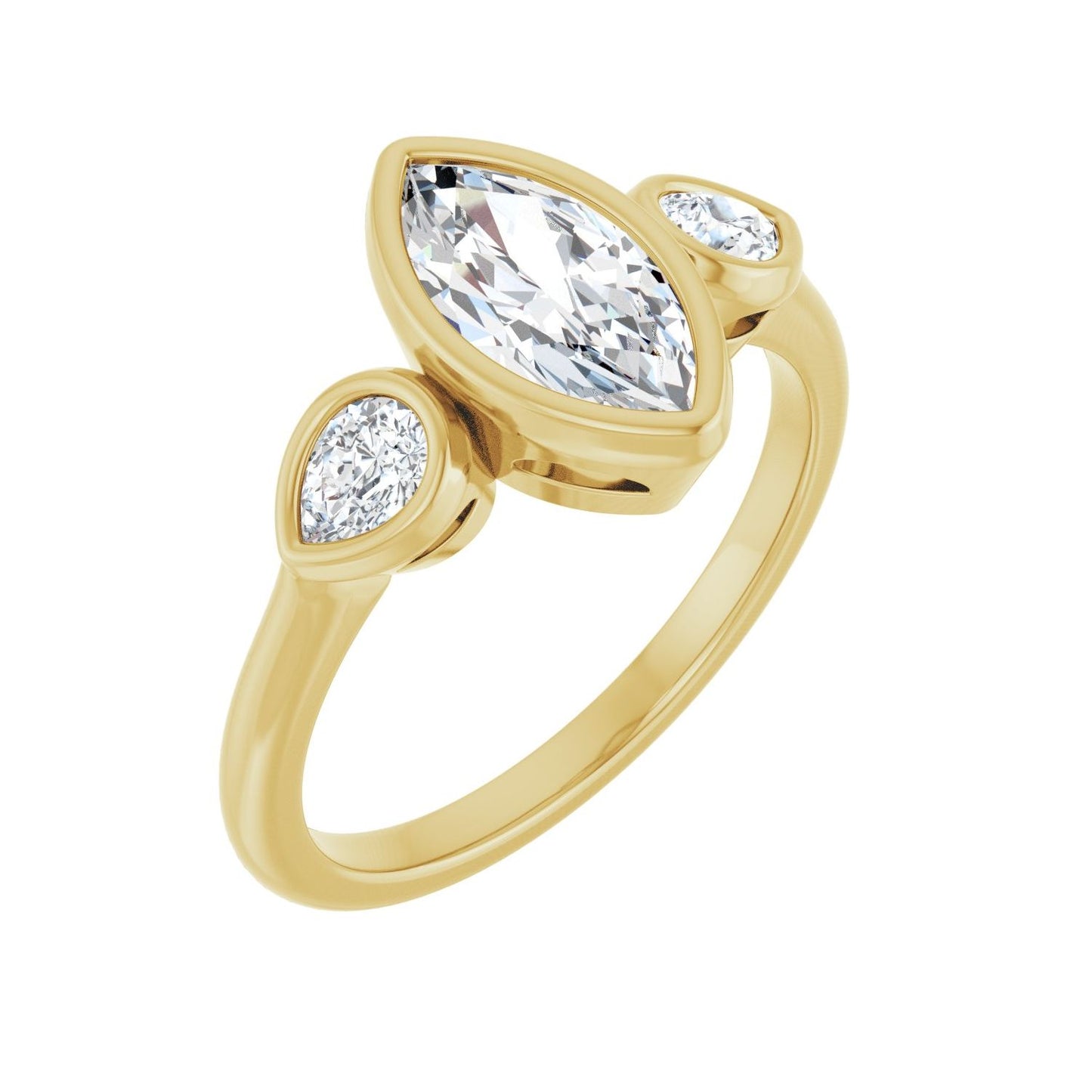 Marquise Bezel-Set Three-Stone Engagement Ring | Metal Type=14K Yellow Gold | Center Stone Size=1 CT | Image 1