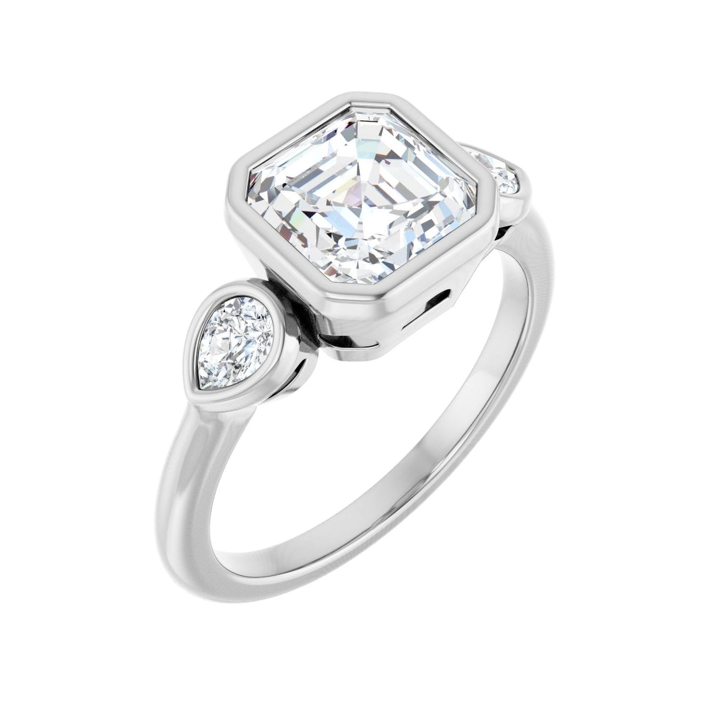 Asscher Bezel-Set Three-Stone Engagement Ring | Metal Type=14K White Gold | Center Stone Size=2 CT | Image 1