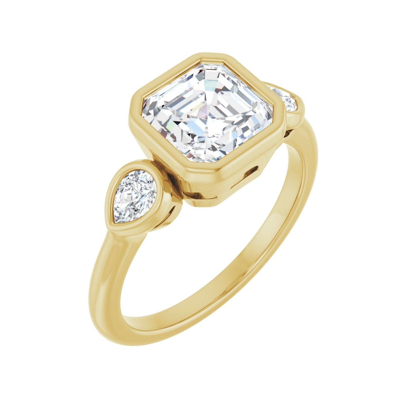 Asscher Bezel-Set Three-Stone Engagement Ring | Metal Type=14K Yellow Gold | Center Stone Size=2 CT | Image 1