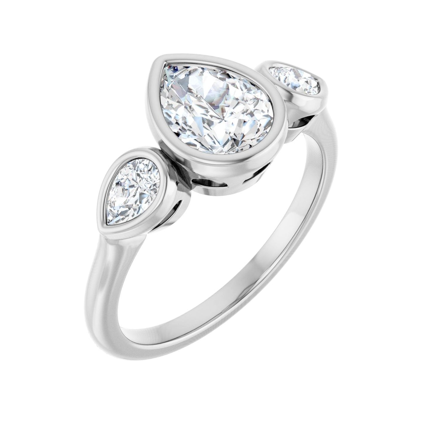 Pear Bezel-Set Three-Stone Engagement Ring | Metal Type=14K White Gold | Center Stone Size=1.5 CT | Image 1