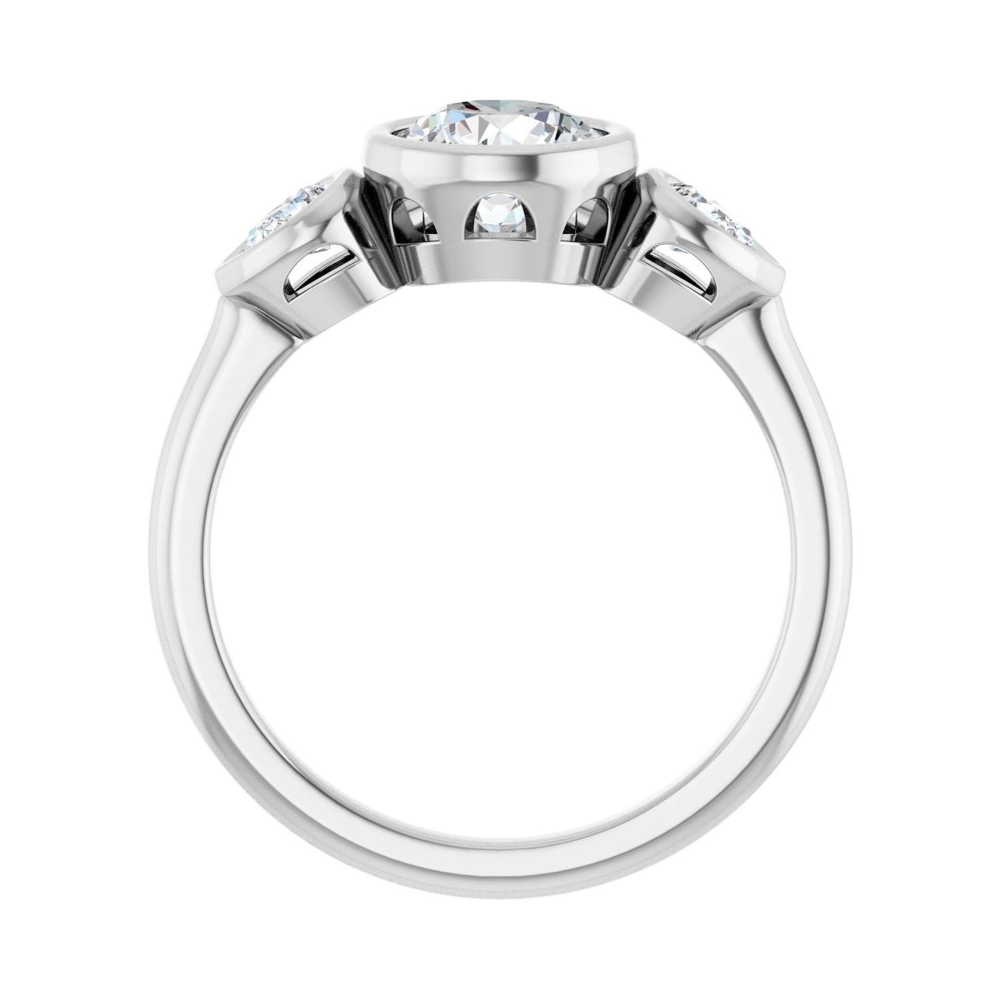Round Bezel-Set Three-Stone Engagement Ring | Metal Type=14K White Gold | Center Stone Size=1 CT | Image 2