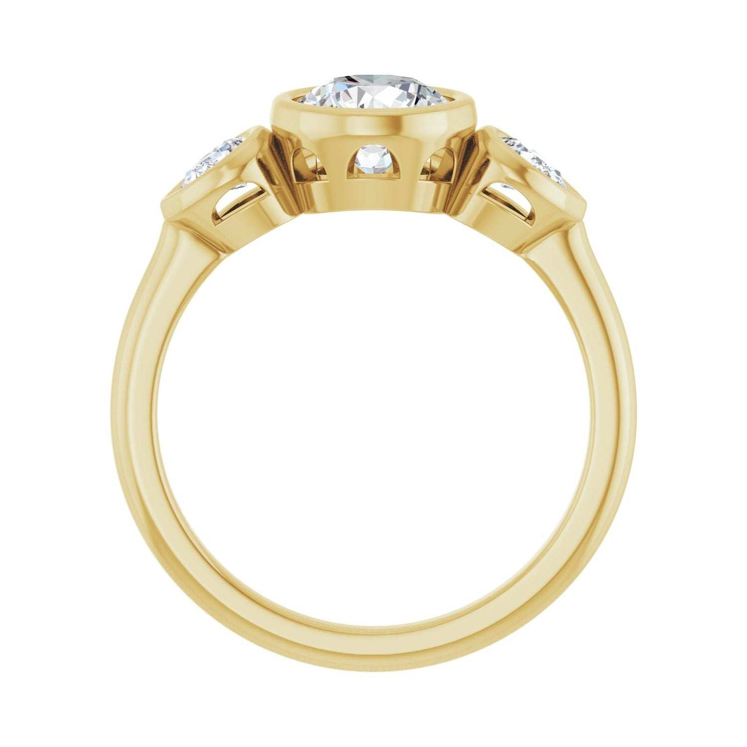 Round Bezel-Set Three-Stone Engagement Ring | Metal Type=14K Yellow Gold | Center Stone Size=1 CT | Image 2