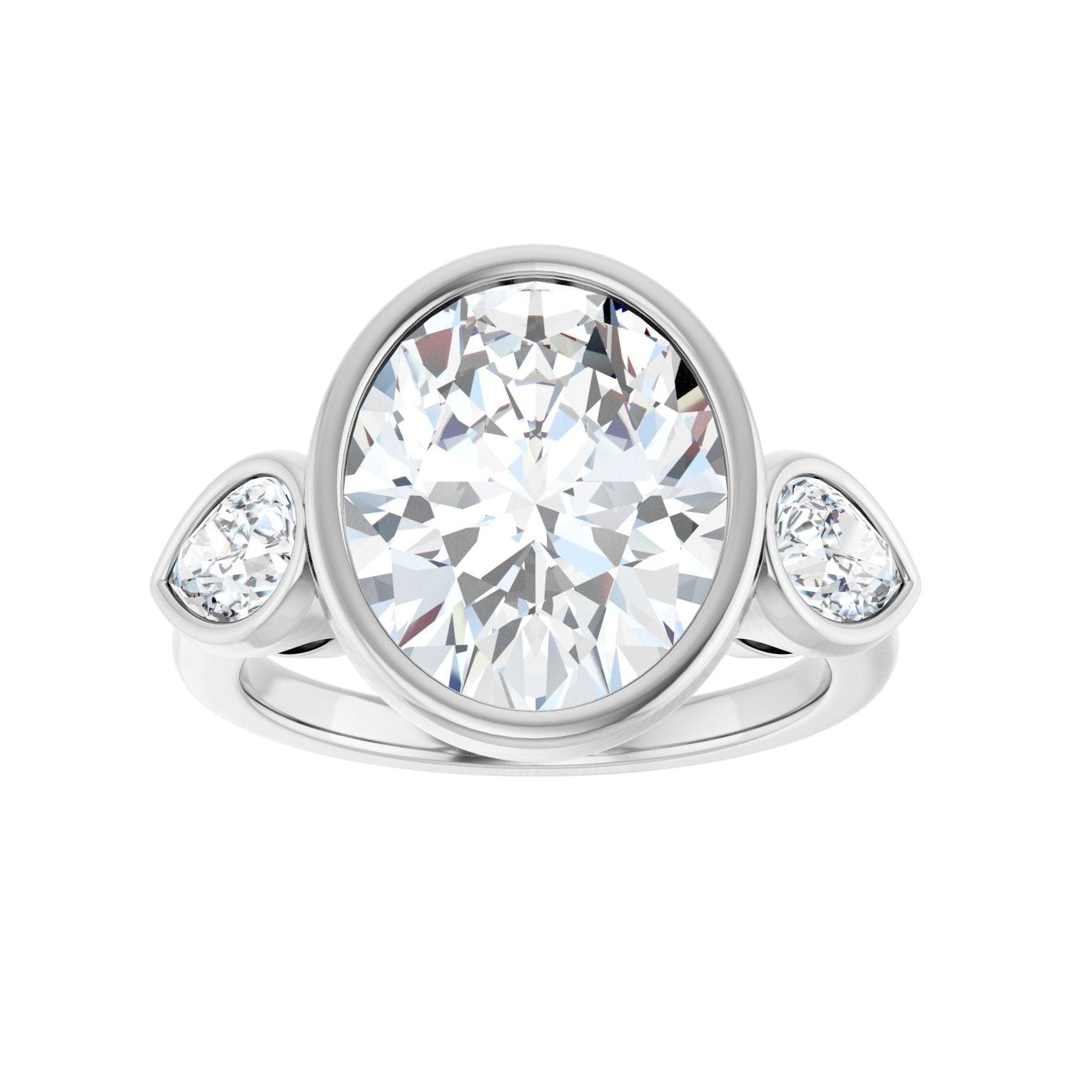 Oval Bezel-Set Three-Stone Engagement Ring | Metal Type=14K White Gold | Center Stone Size=3 CT | Image 3