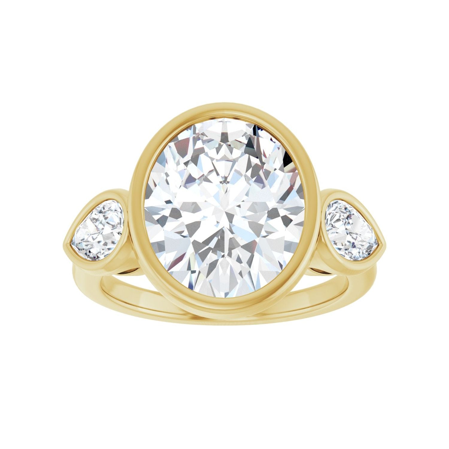 Oval Bezel-Set Three-Stone Engagement Ring | Metal Type=14K Yellow Gold | Center Stone Size=3 CT | Image 3