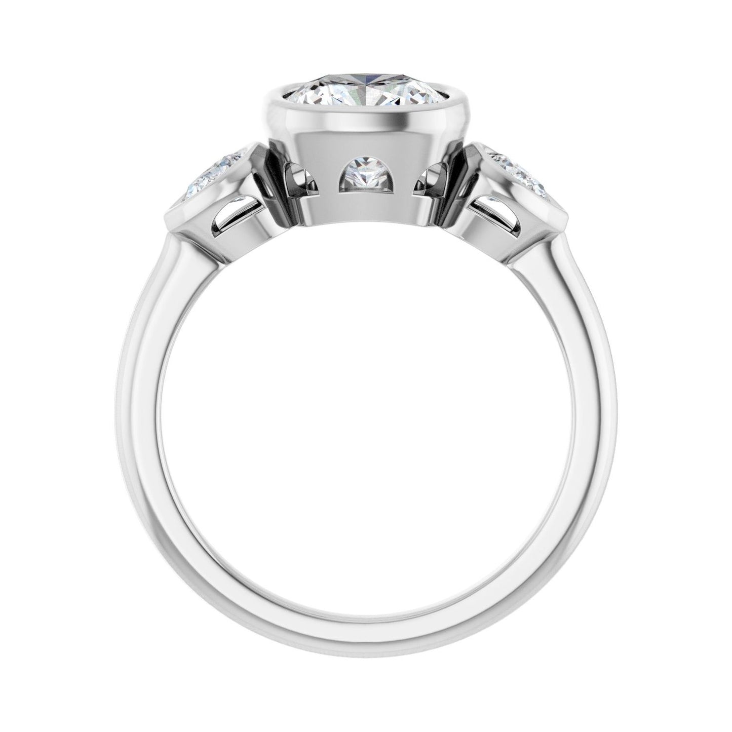 Cushion Bezel-Set Three-Stone Engagement Ring | Metal Type=14K White Gold | Center Stone Size=2 CT | Image 2