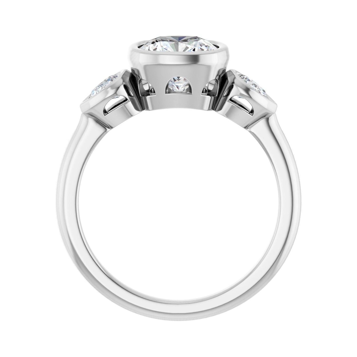 Cushion Bezel-Set Three-Stone Engagement Ring | Metal Type=14K White Gold | Center Stone Size=2 CT | Image 2