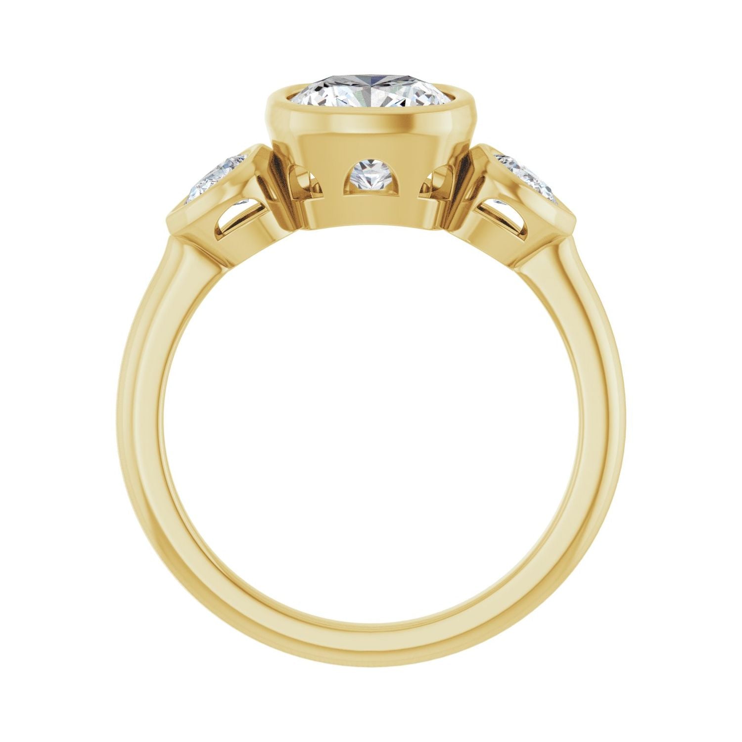 Cushion Bezel-Set Three-Stone Engagement Ring | Metal Type=14K Yellow Gold | Center Stone Size=2 CT | Image 2