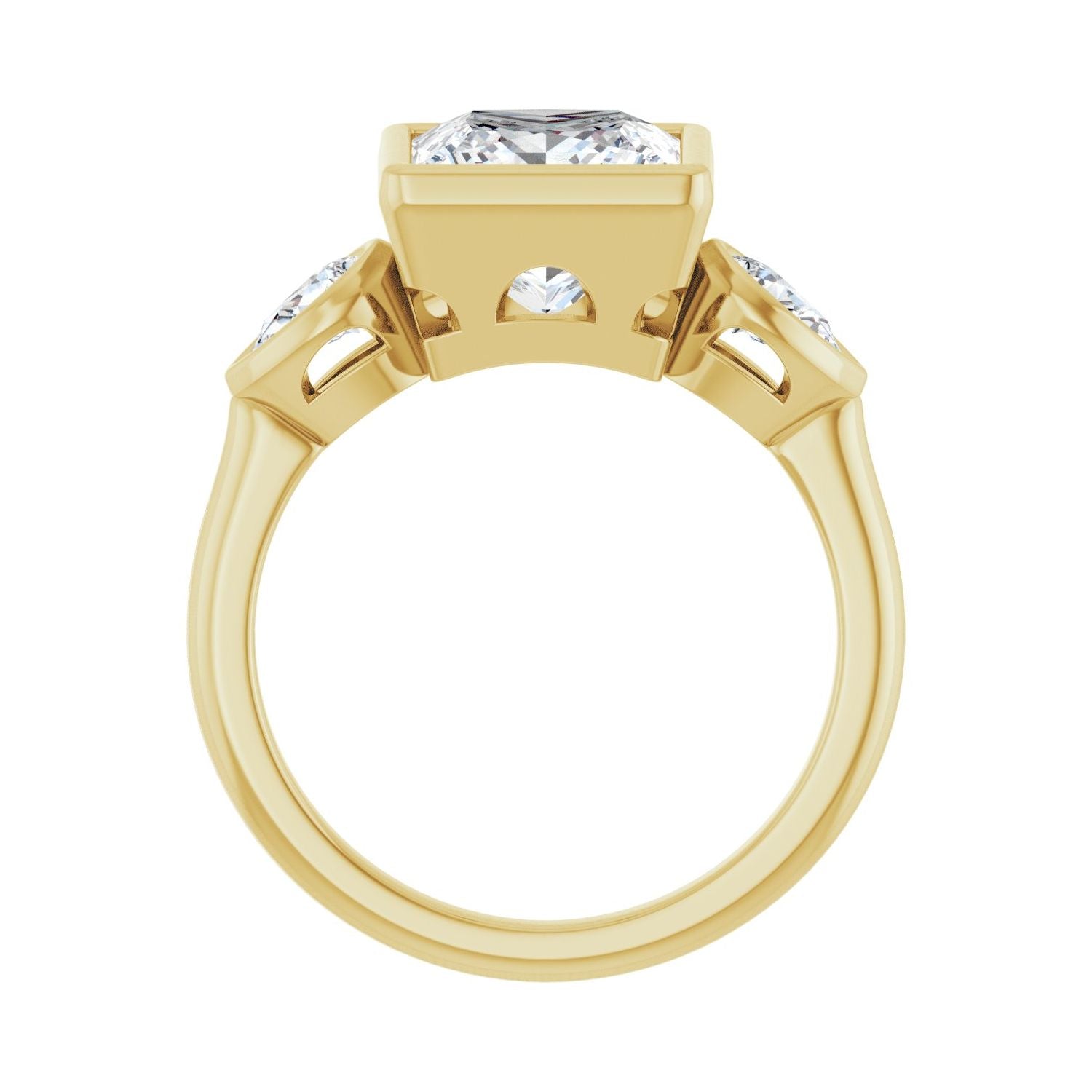 Square Bezel-Set Three-Stone Engagement Ring | Metal Type=14K Yellow Gold | Center Stone Size=3 CT | Image 2