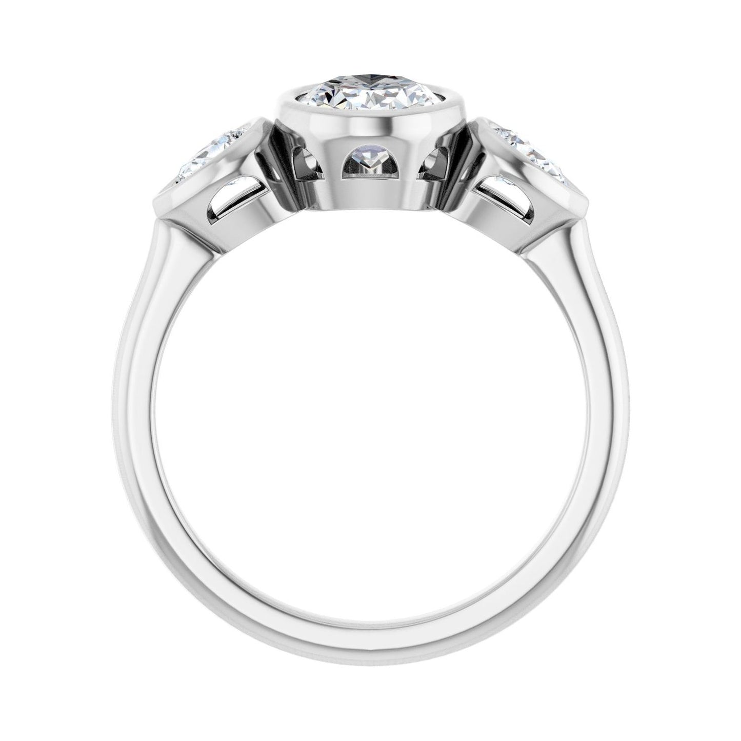 Oval Bezel-Set Three-Stone Engagement Ring | Metal Type=14K White Gold | Center Stone Size=1.5 CT | Image 2