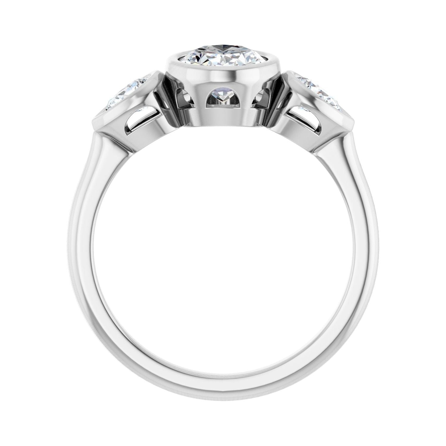 Oval Bezel-Set Three-Stone Engagement Ring | Metal Type=14K White Gold | Center Stone Size=1.5 CT | Image 2