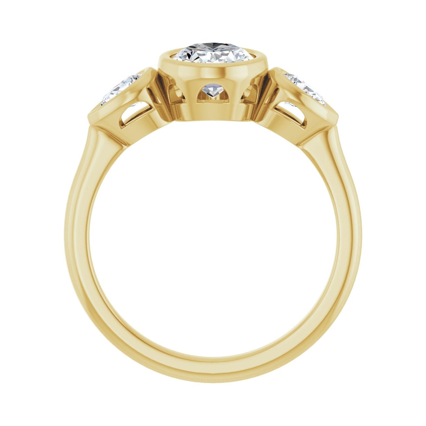 Oval Bezel-Set Three-Stone Engagement Ring | Metal Type=14K Yellow Gold | Center Stone Size=1.5 CT | Image 2