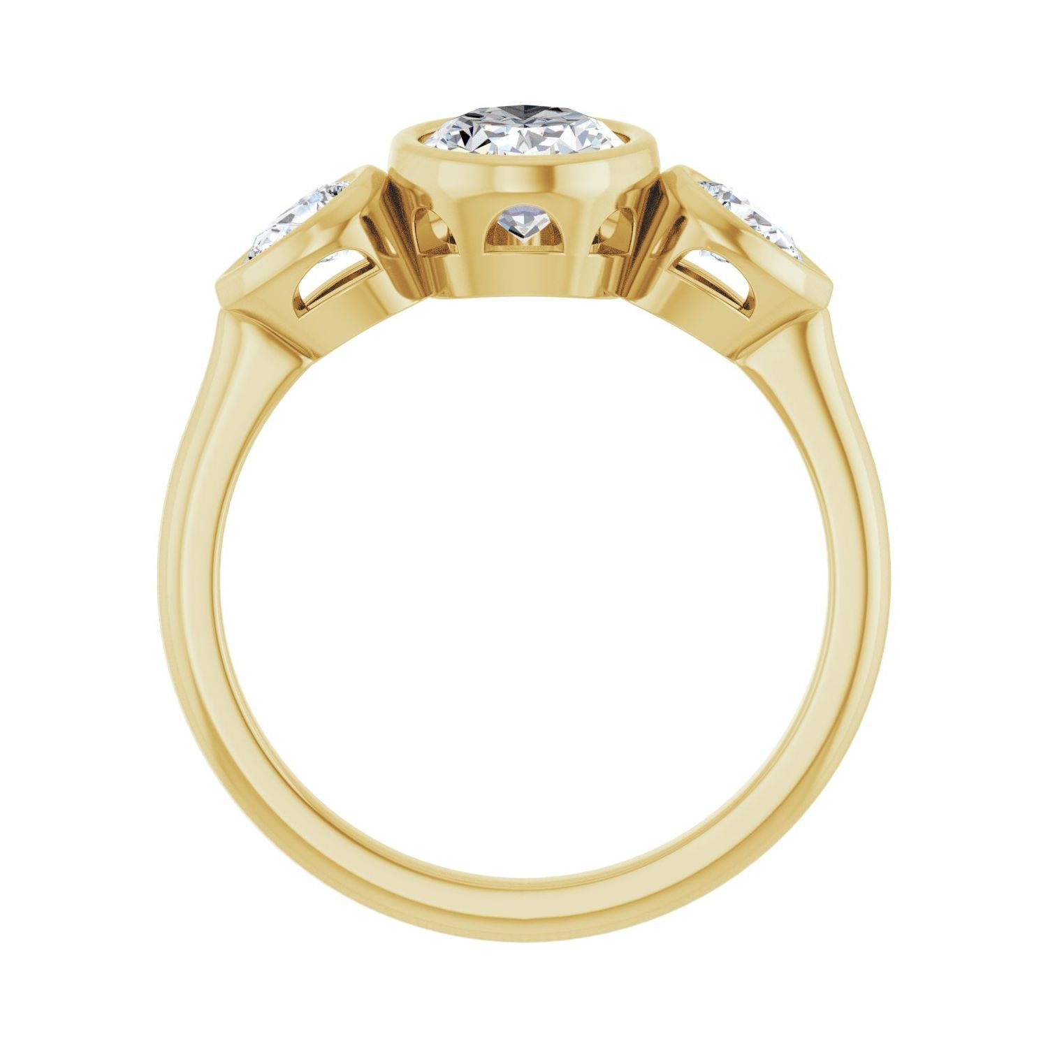 Oval Bezel-Set Three-Stone Engagement Ring | Metal Type=14K Yellow Gold | Center Stone Size=1.5 CT | Image 2