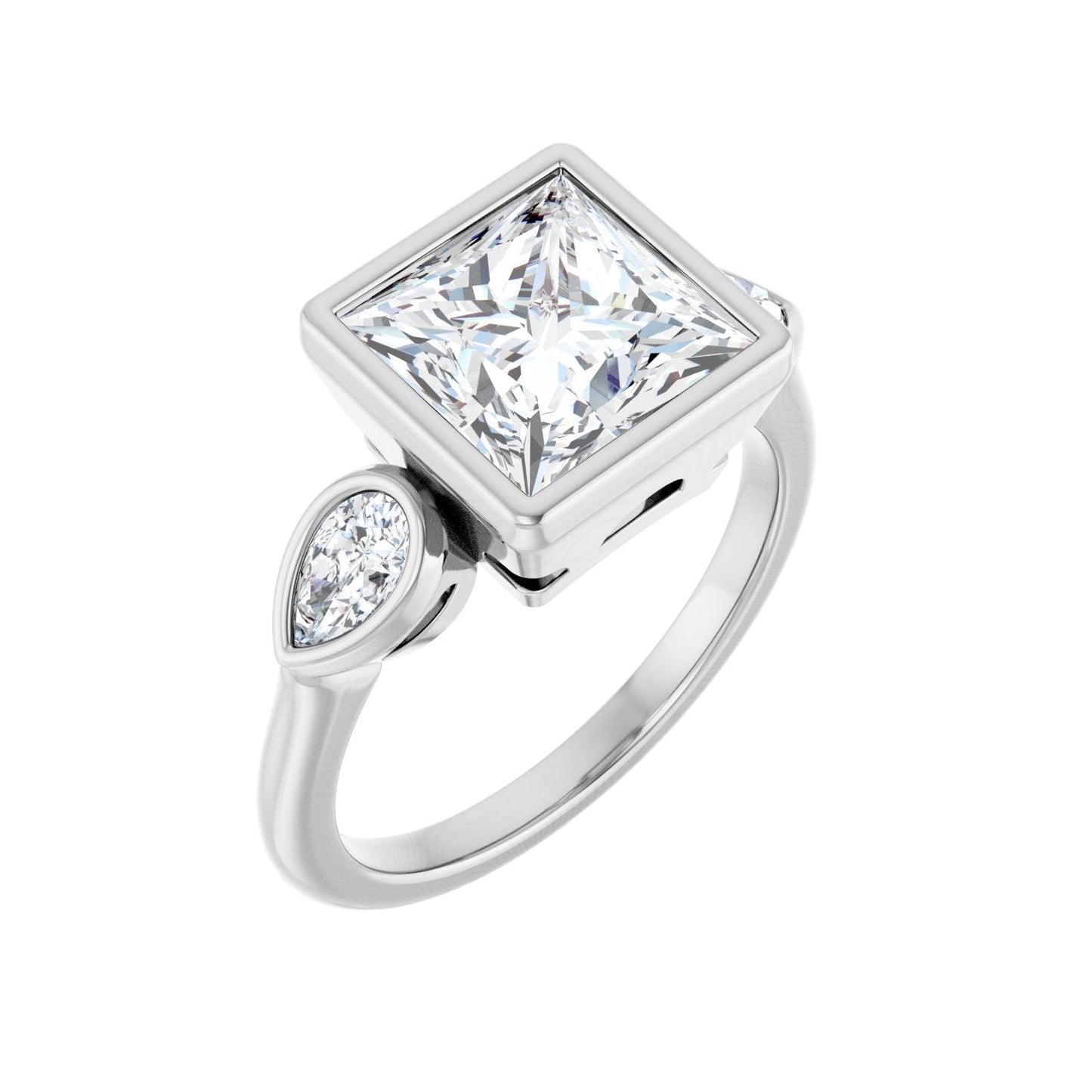 Square Bezel-Set Three-Stone Engagement Ring | Metal Type=14K White Gold | Center Stone Size=3 CT | Image 1