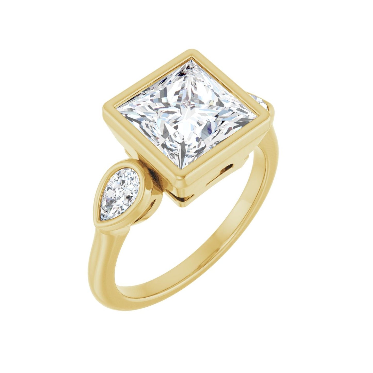 Square Bezel-Set Three-Stone Engagement Ring | Metal Type=14K Yellow Gold | Center Stone Size=3 CT | Image 1